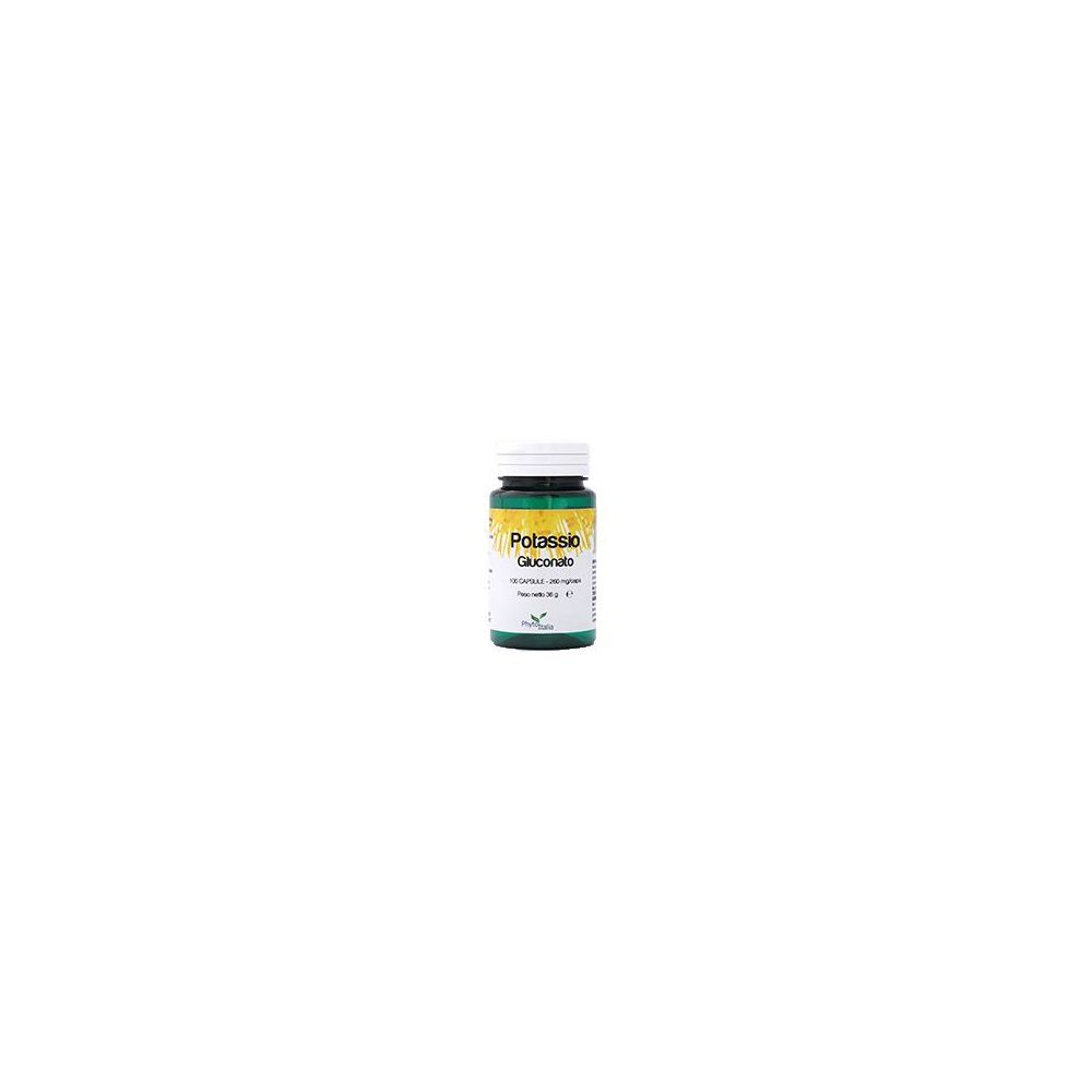 Flacone verde di capsule, tappo bianco. Scritta: Potassio Gluconato. Marchio: PhytoItalia.