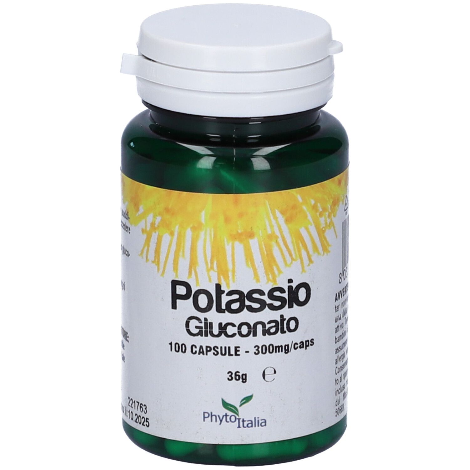 Flacone verde di capsule, tappo bianco. Scritta: Potassio Gluconato, 100 capsule. Marchio: PhytoItalia.