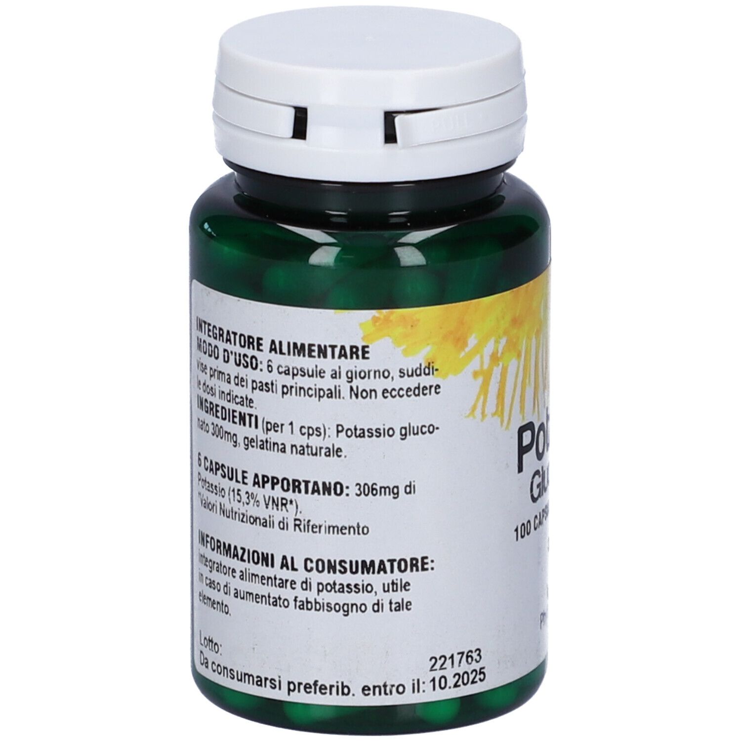 Retro del flacone verde di capsule. Testo: Modo d'uso, 6 capsule. Ingredienti: gluconato di potassio. Marchio: PhytoItalia.