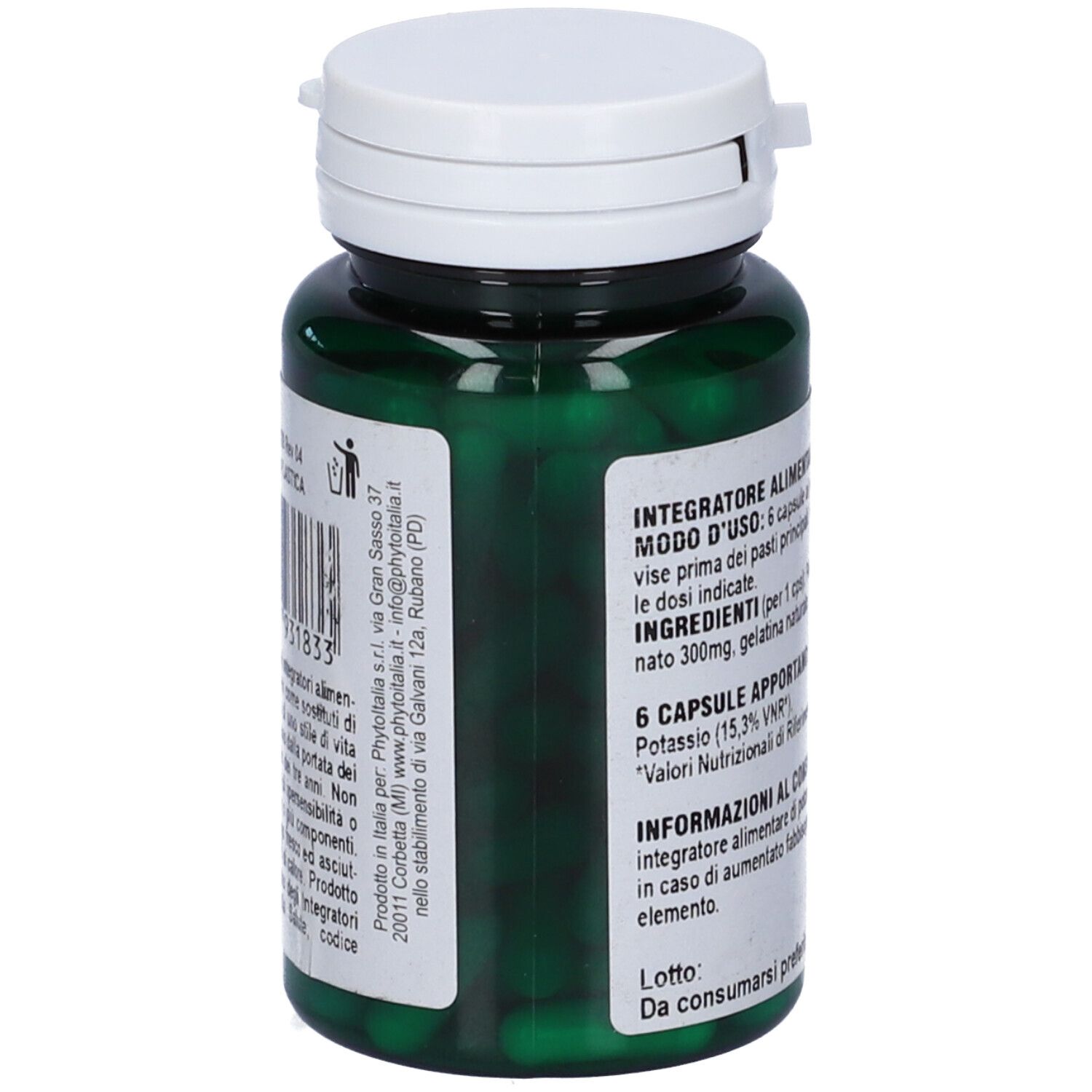 Retro del flacone verde di capsule. Testo: Modo d'uso, 6 capsule. Marchio: PhytoItalia.