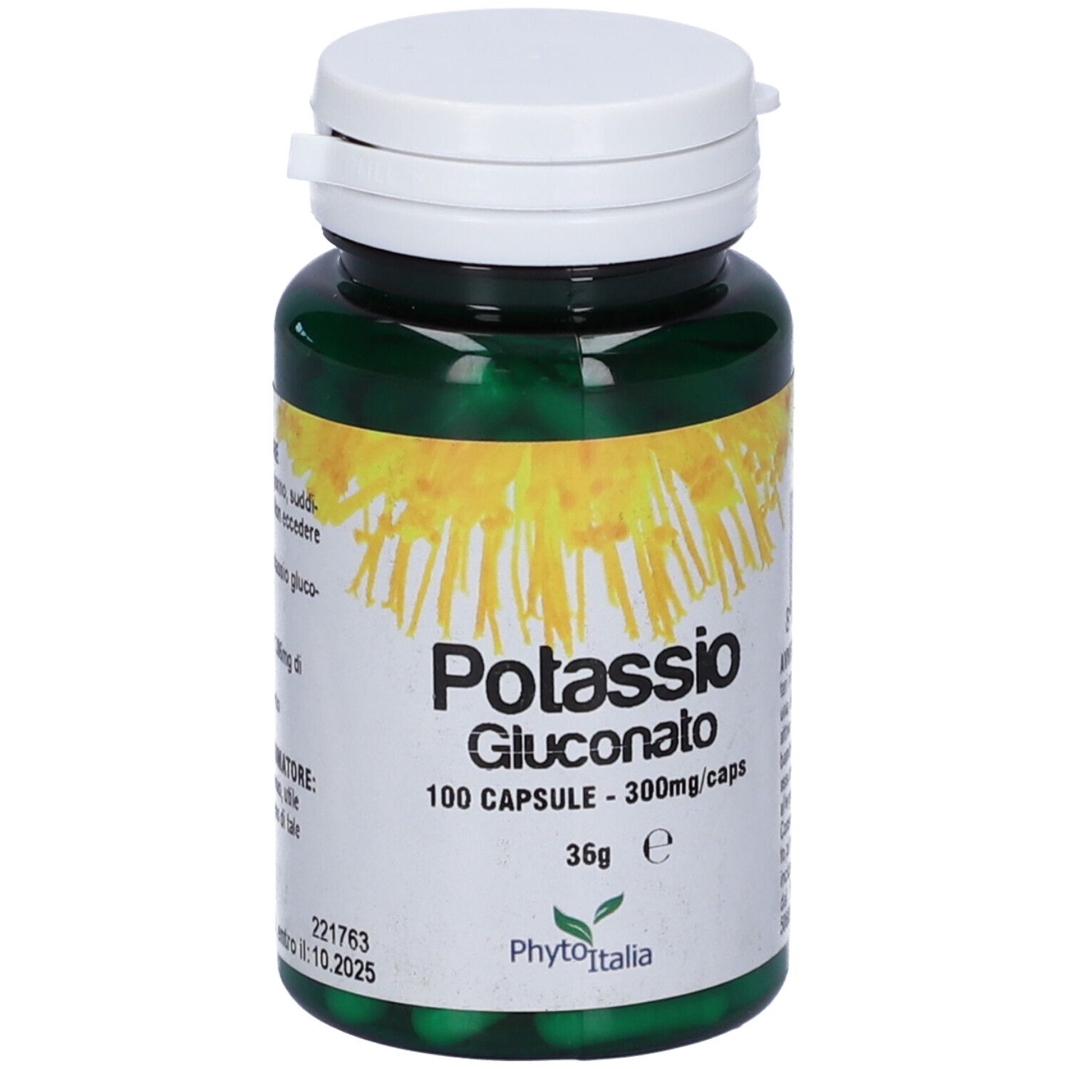 Flacone verde di capsule, tappo bianco. Scritta: Potassio Gluconato, 100 capsule. Marchio: PhytoItalia.