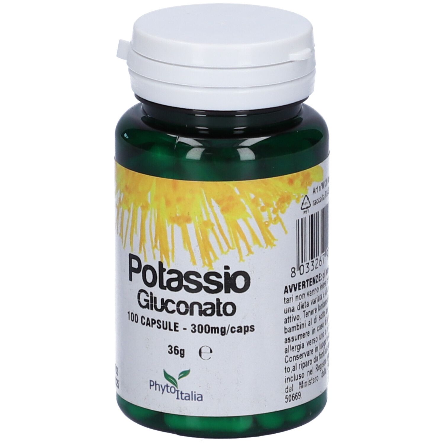 Flacone verde di capsule, tappo bianco. Scritta: Potassio Gluconato, 100 capsule. Marchio: PhytoItalia.