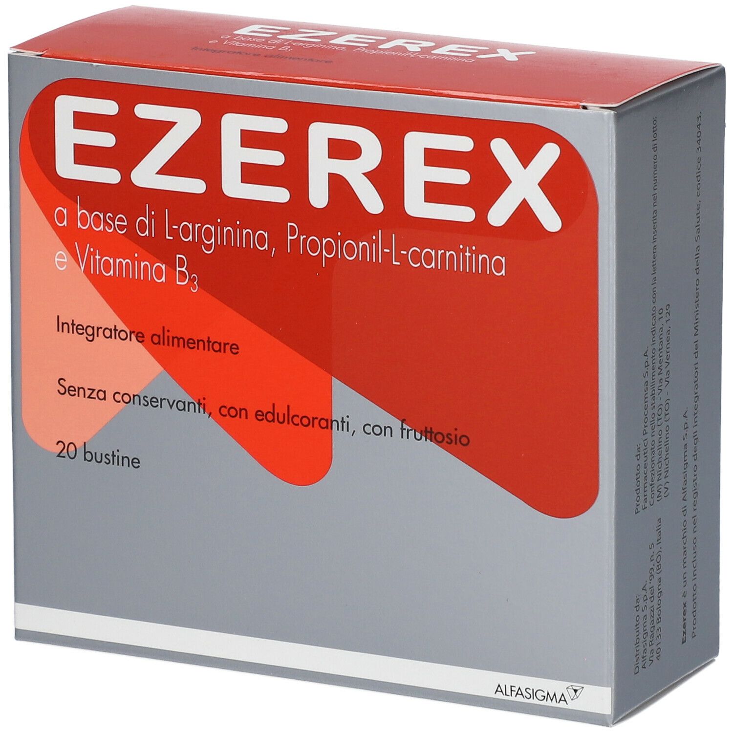 Scatola EZEREX con scritte bianche su sfondo rosso. Contiene 20 bustine. Integratore alimentare. Senza conservanti.
