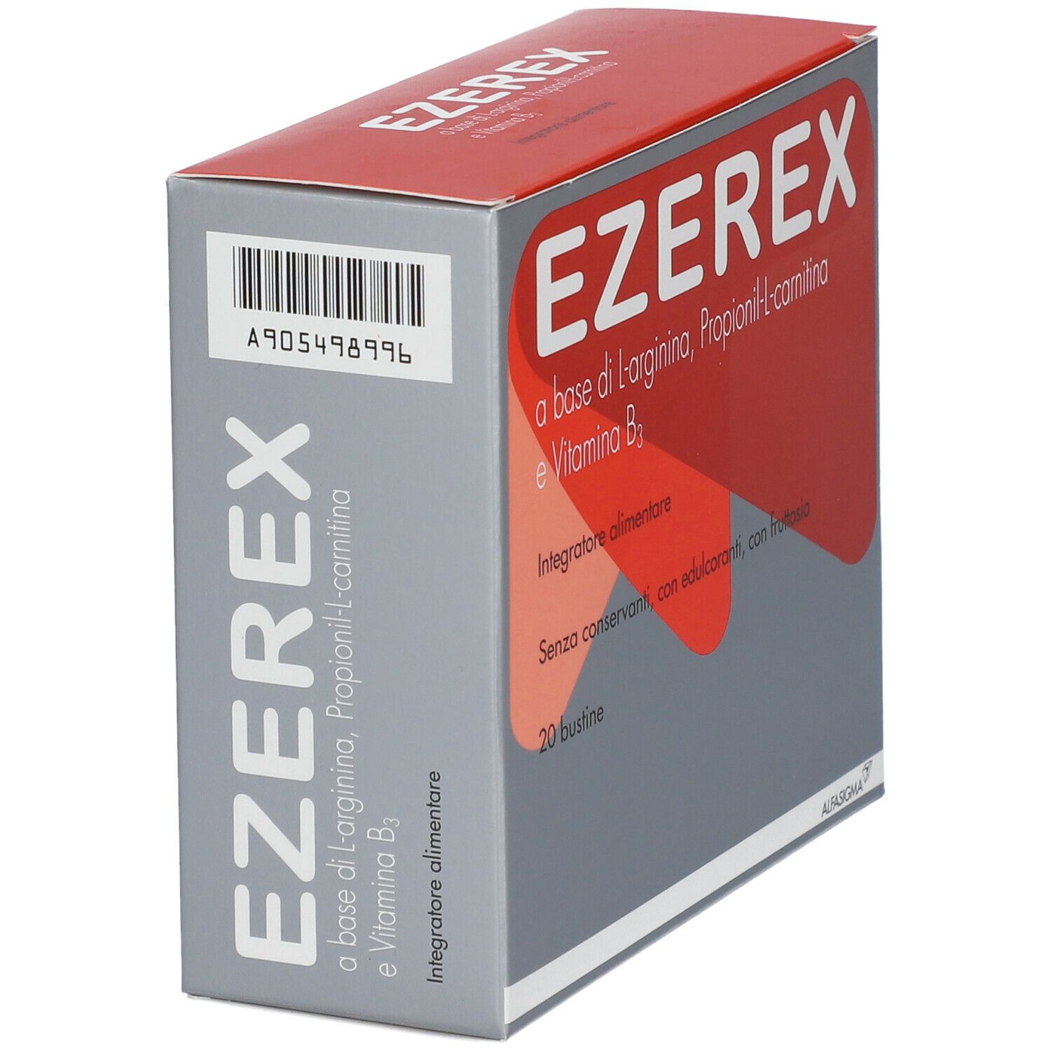 Scatola EZEREX grigia e rossa. Contiene L-arginina, Propionil-L-carnitina e vitamina B3. Codice a barre e 20 bustine.