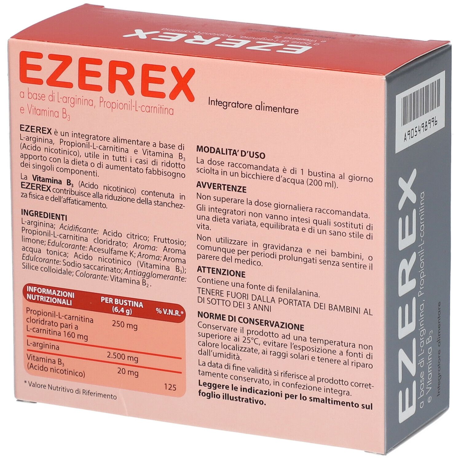 Scatola EZEREX con informazioni nutrizionali e istruzioni per l'uso. Contiene L-arginina, Propionil-L-carnitina e vitamina B3.
