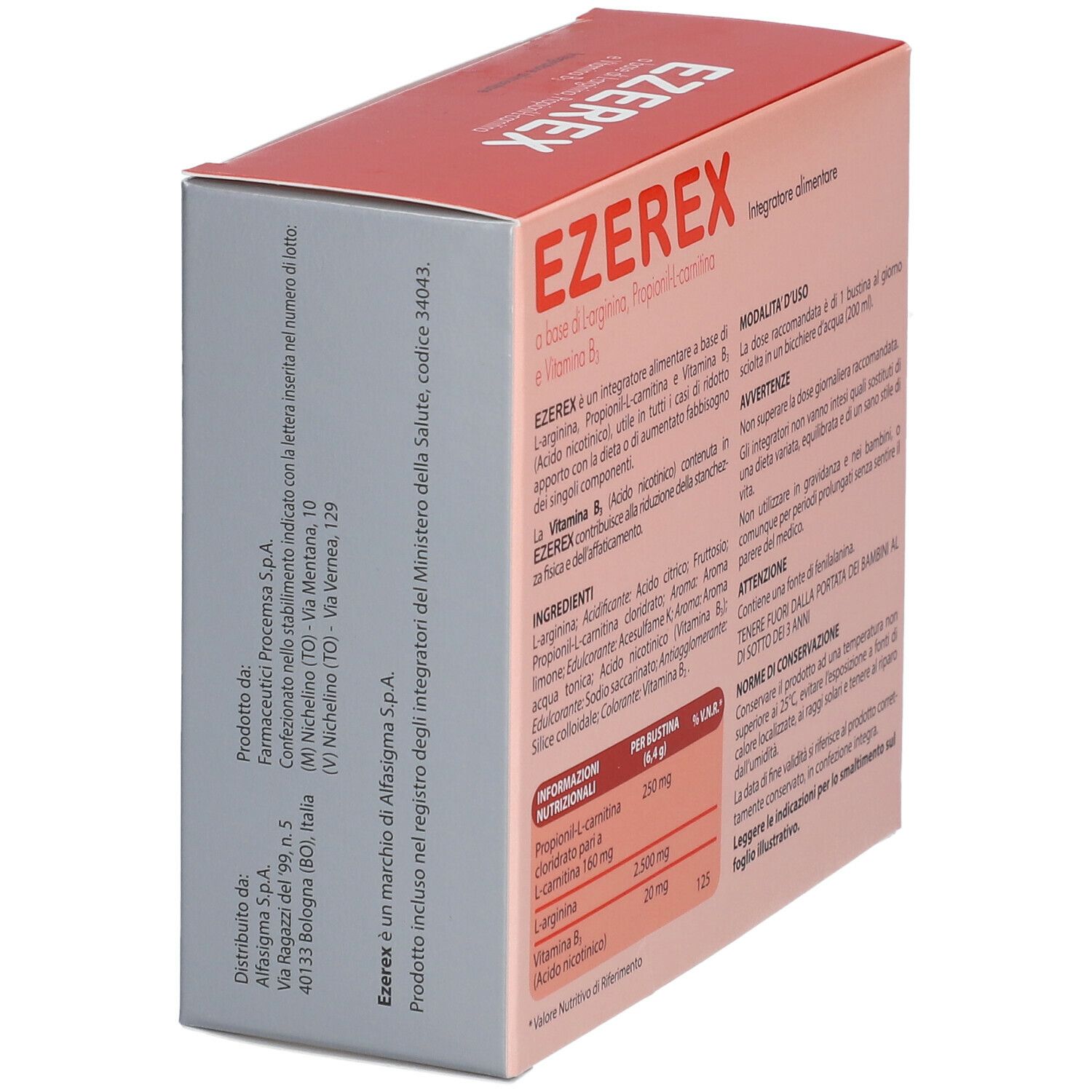 Scatola EZEREX con informazioni nutrizionali e istruzioni per l'uso. Contiene L-arginina, Propionil-L-carnitina e vitamina B3.