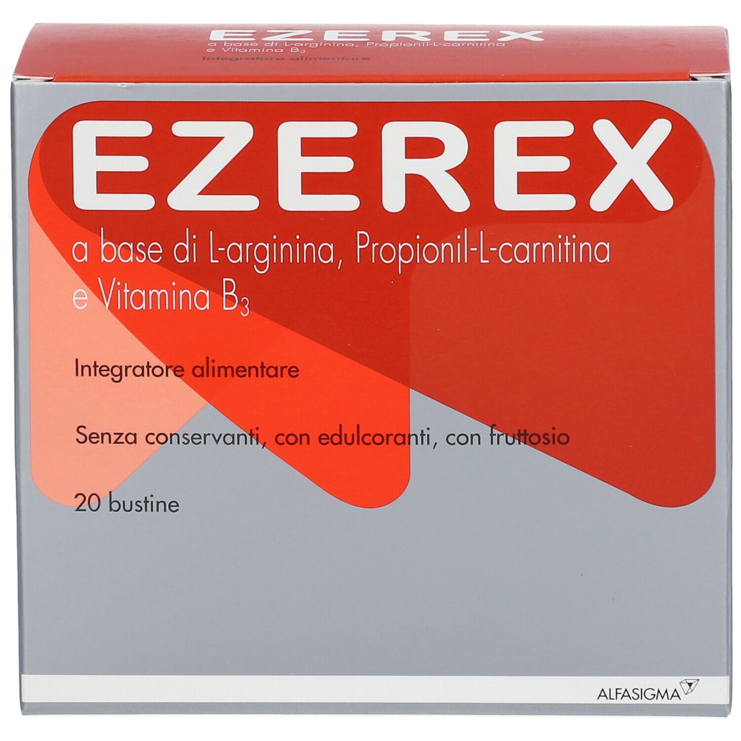 Scatola EZEREX con design rosso e bianco. Contiene 20 bustine. Integratore alimentare. Senza conservanti.