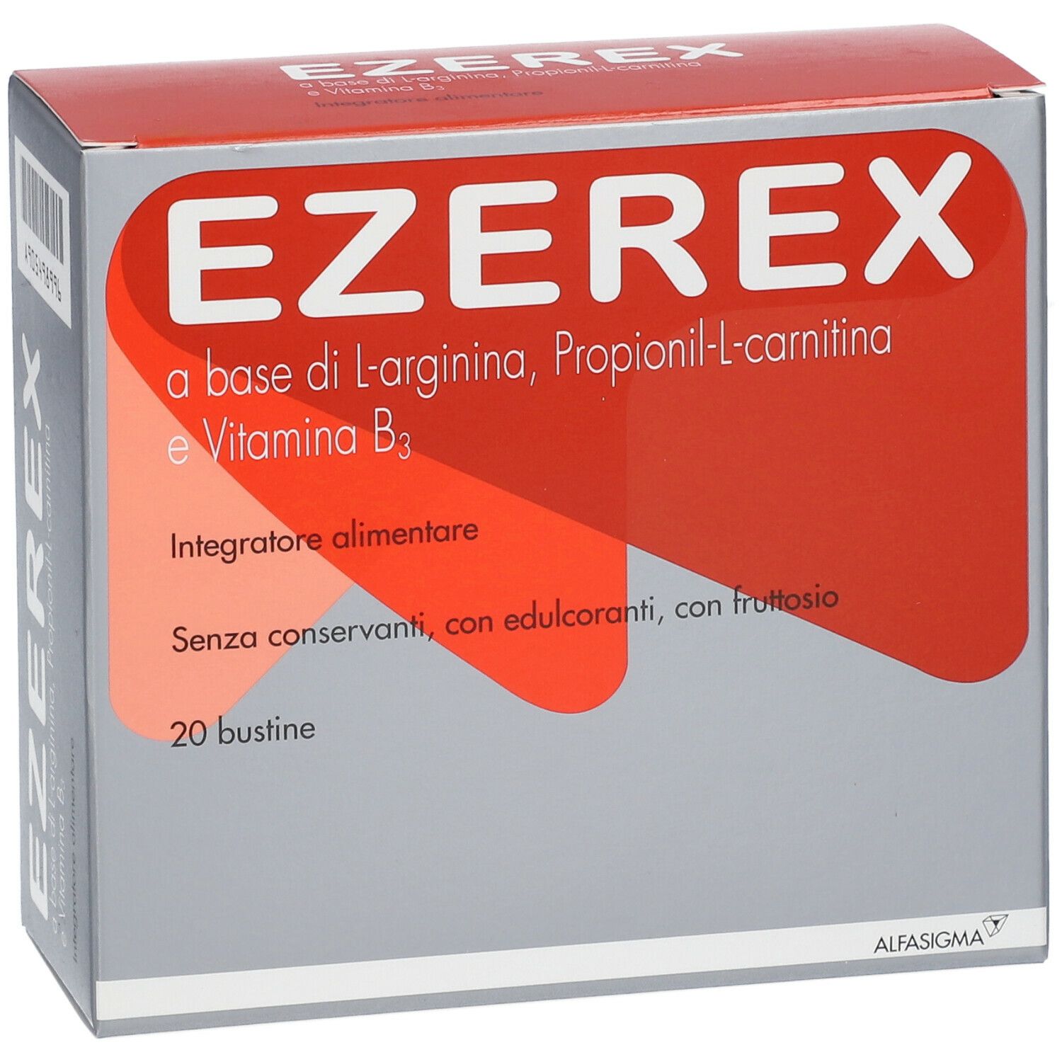 Scatola EZEREX con design rosso e bianco. Contiene 20 bustine. Integratore alimentare. Senza conservanti.