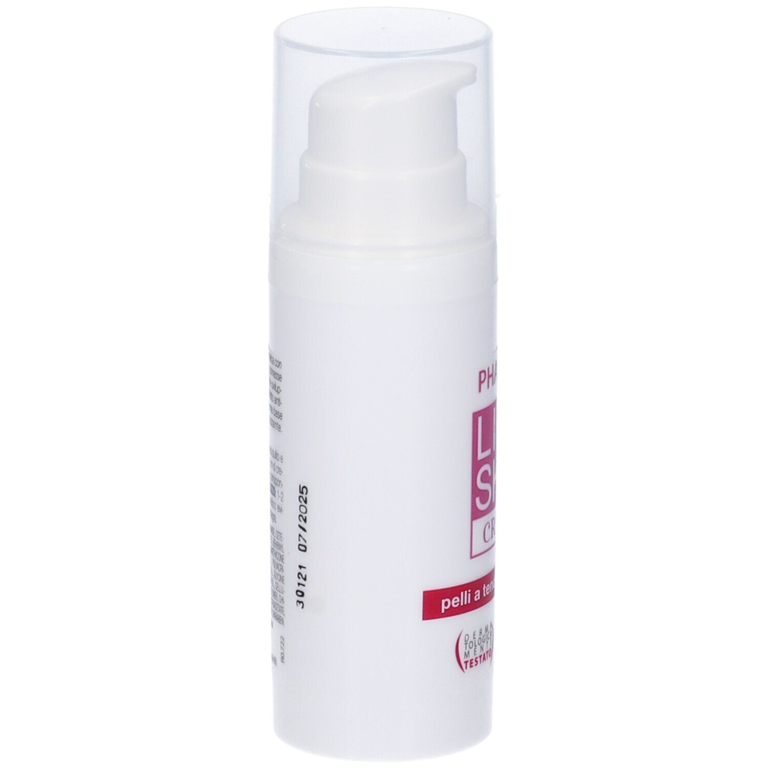 Flacon blanc avec pompe doseuse. Inscription: PHARCOS LIPO SKIN CREMA. Pour peaux à tendance acnéique. Vue latérale.