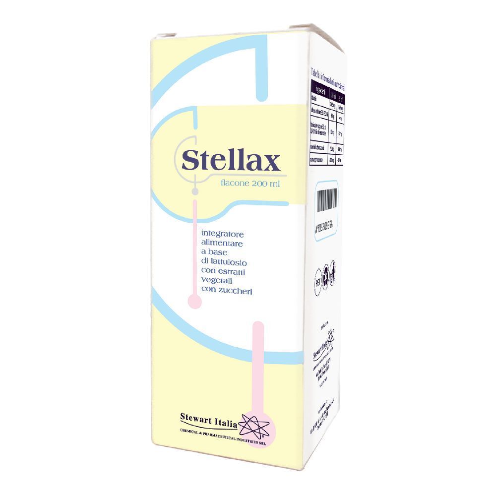Scatola Stellax, flacone 200 ml. Integratore alimentare a base di lattulosio ed estratti vegetali. Marchio e dettagli.