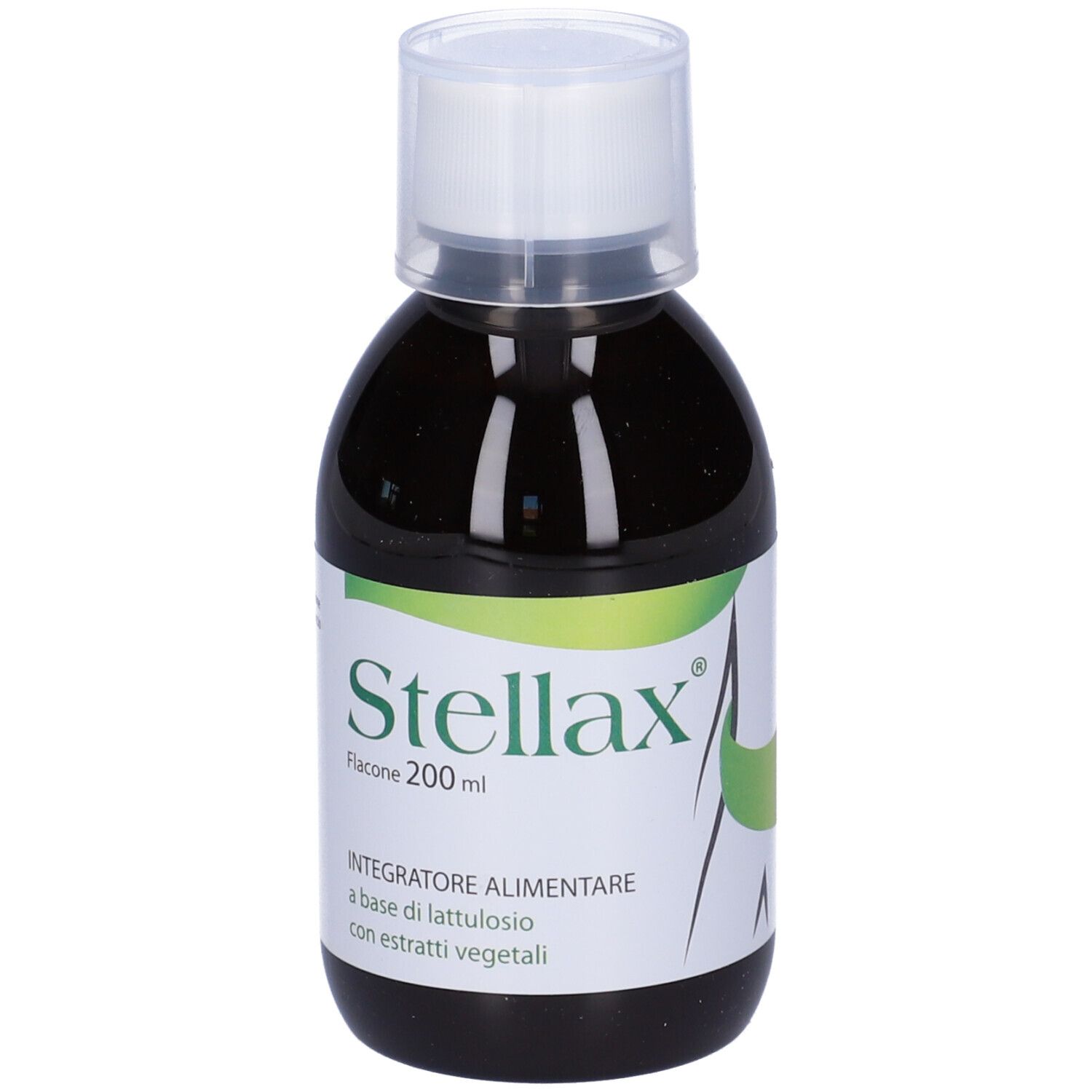 Liquido marrone in flacone. Etichetta bianca: Stellax, Flacone 200 ml. Integratore alimentare. Tappo bianco.