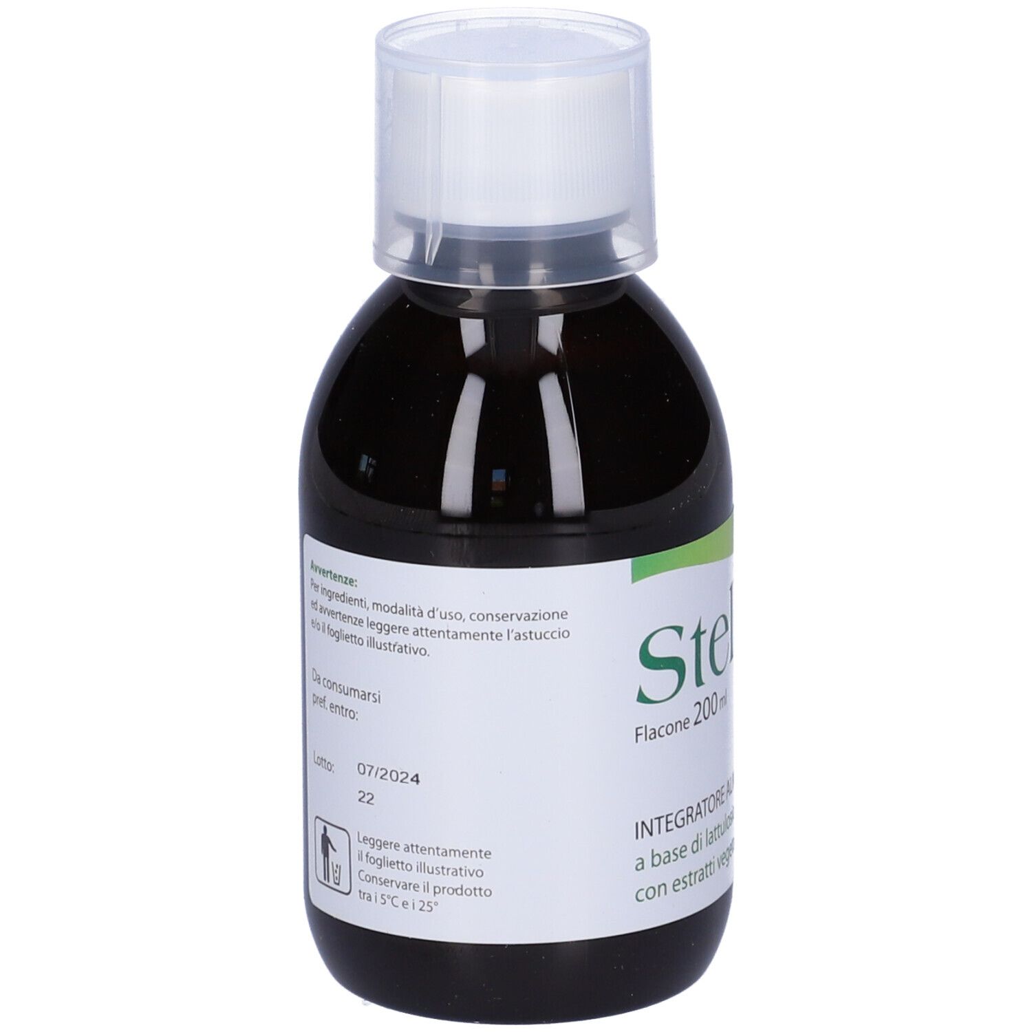 Flacone con liquido marrone. Etichetta bianca: Stellax, Flacone 200 ml. Scadenza e numero di lotto.