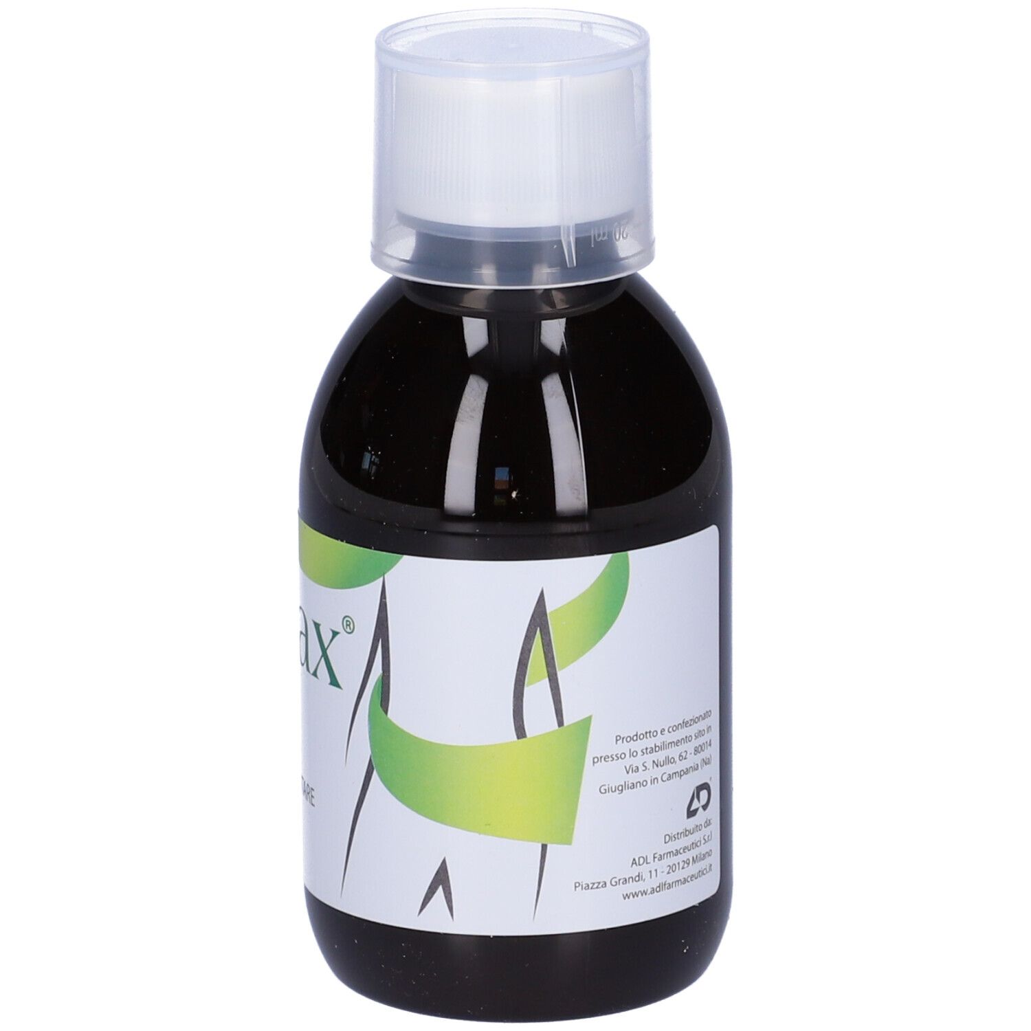 Flacone con liquido marrone. Etichetta bianca: Stellax, Flacone 200 ml. Strisce verdi.