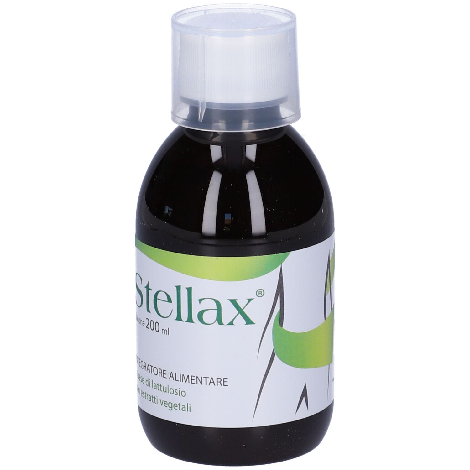 Flacone con liquido marrone. Etichetta bianca: Stellax, Flacone 200 ml. Integratore alimentare.