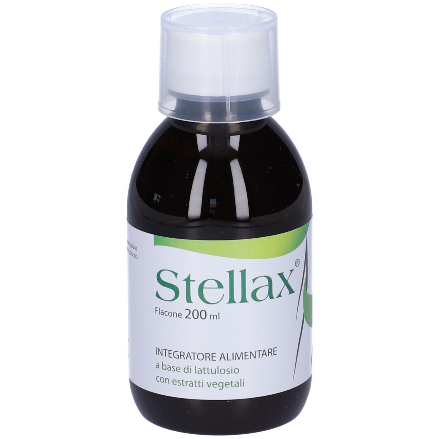 Flacone con liquido marrone. Etichetta bianca: Stellax, Flacone 200 ml. Integratore alimentare.