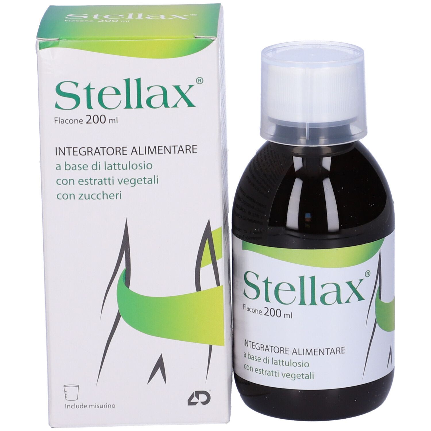 Confezione prodotto: Stellax, flacone 200 ml e scatola. Integratore alimentare con lattulosio ed estratti vegetali.