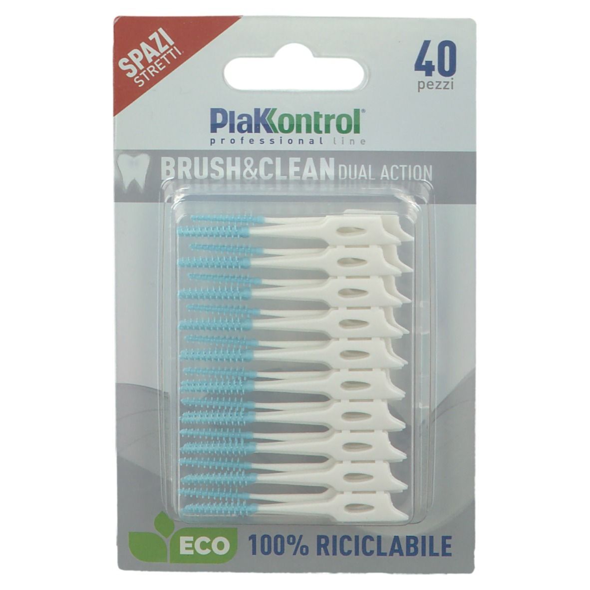 Plakkontrol Brush & Clean Dual Action. 40 pezzi. Setole blu, manici bianchi. Confezione con nome del prodotto e logo riciclabile.