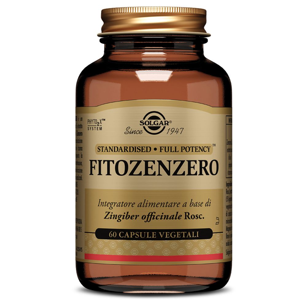 Flacone di vetro marrone con tappo dorato. Etichetta con logo SOLGAR® Fitozenzero e informazioni sul prodotto.