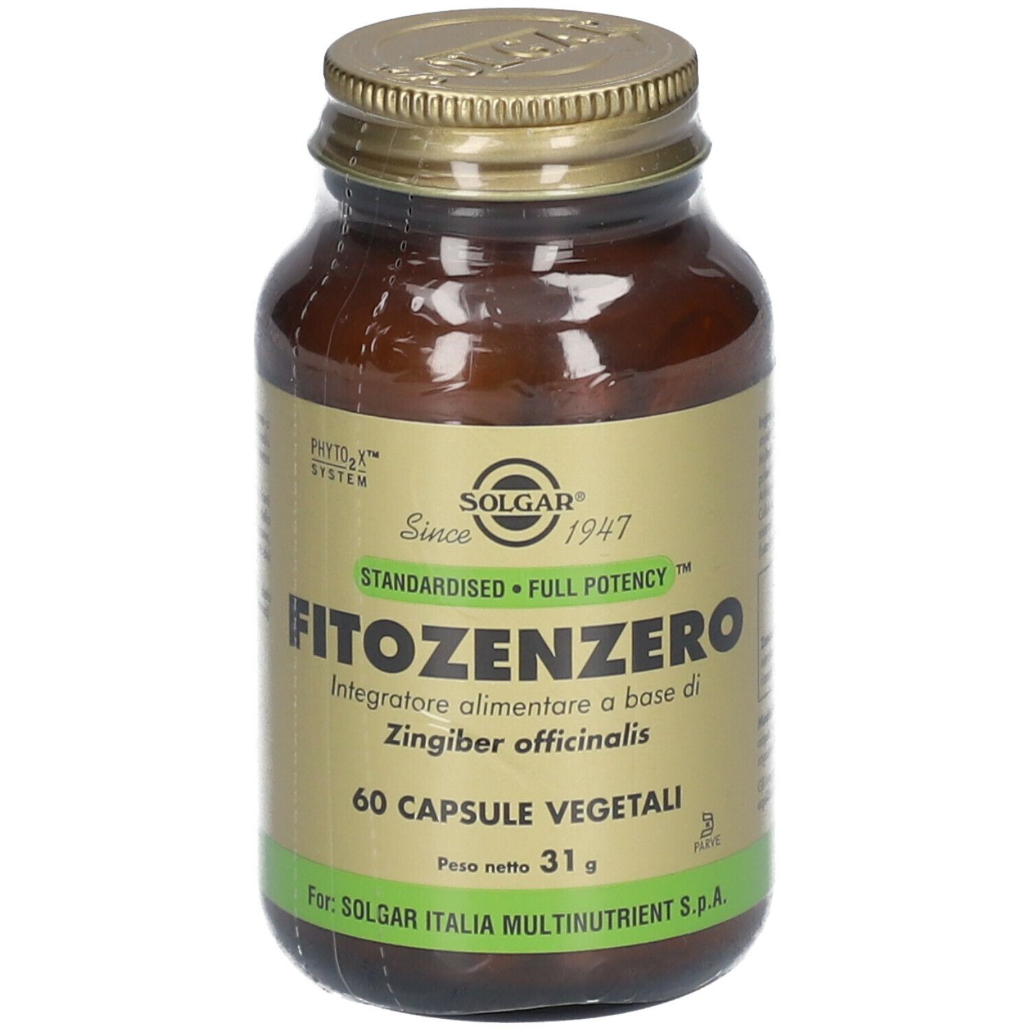 Flacone di vetro marrone con tappo dorato. Etichetta SOLGAR® Fitozenzero, 60 capsule, vegetali.