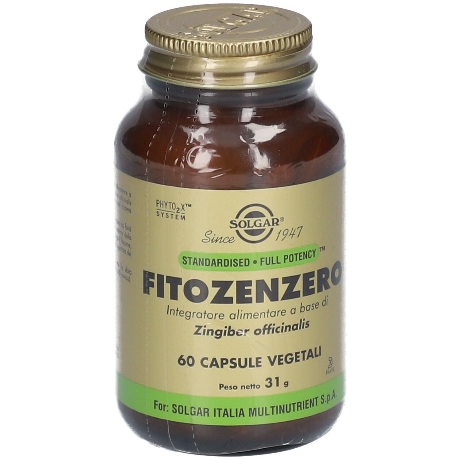 Flacone di vetro marrone con tappo dorato. Etichetta SOLGAR® Fitozenzero, 60 capsule, vegetali.