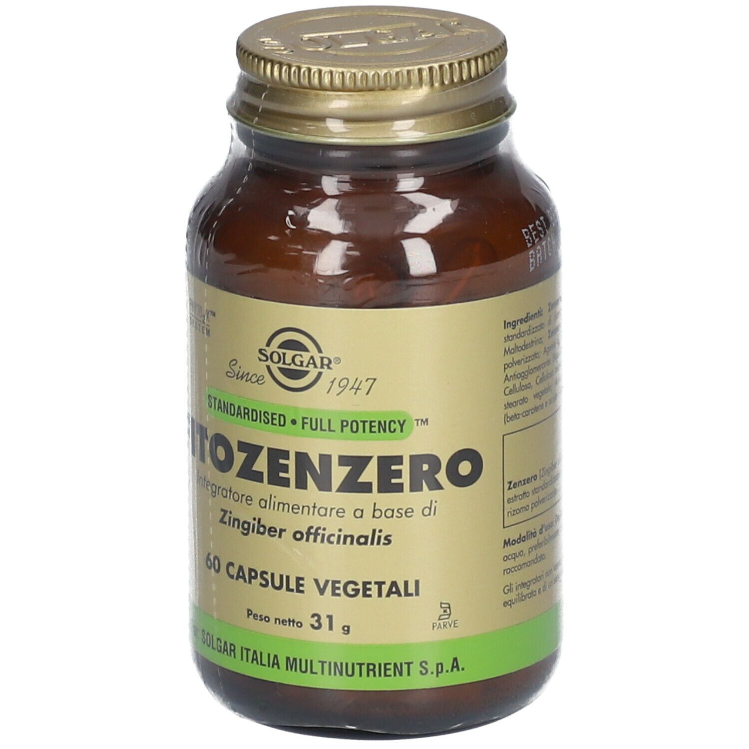 Flacone di vetro marrone con tappo dorato. Etichetta SOLGAR® Fitozenzero, 60 capsule, vegetali.