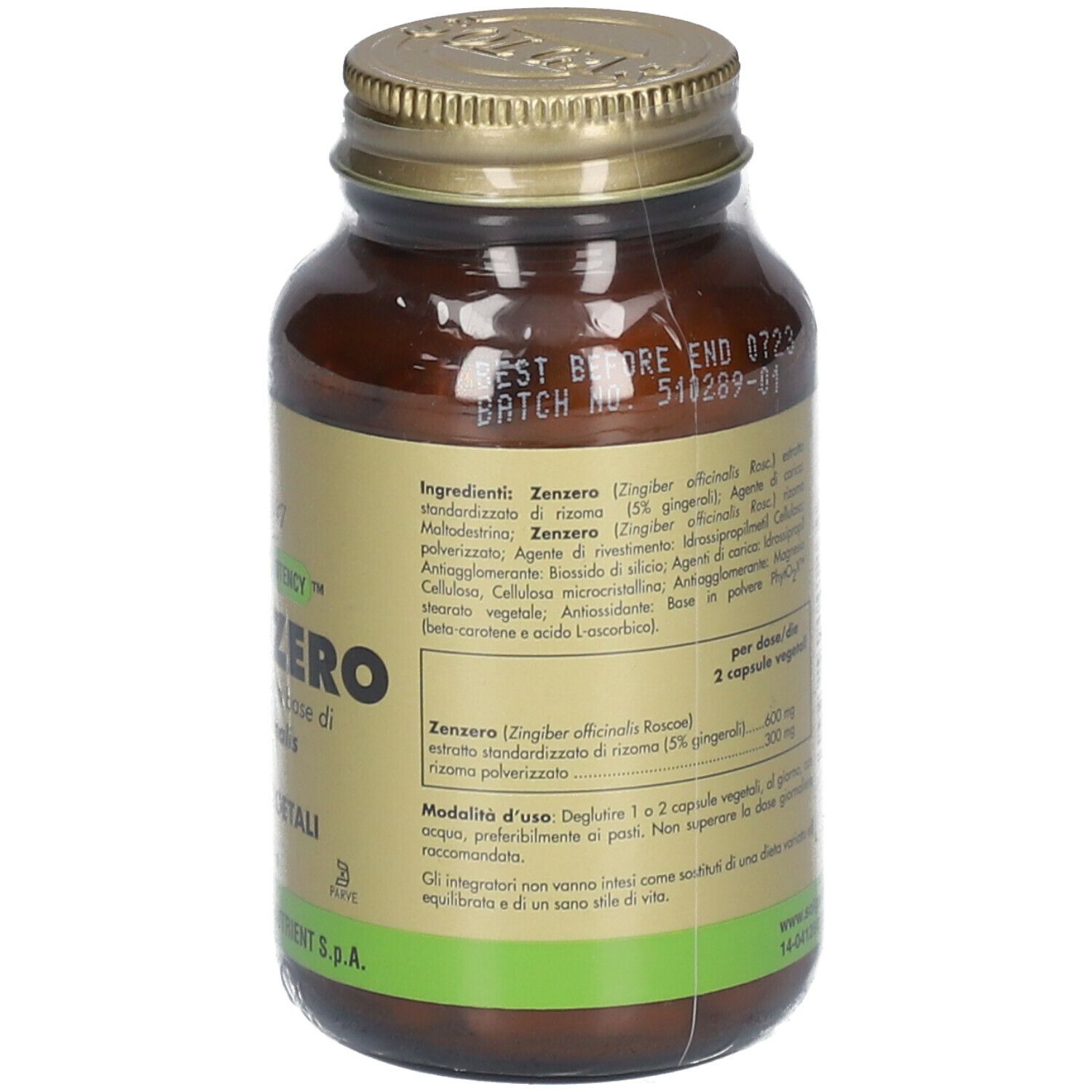 Flacone di vetro marrone con tappo dorato. Retro con informazioni, ingredienti e dosaggio.