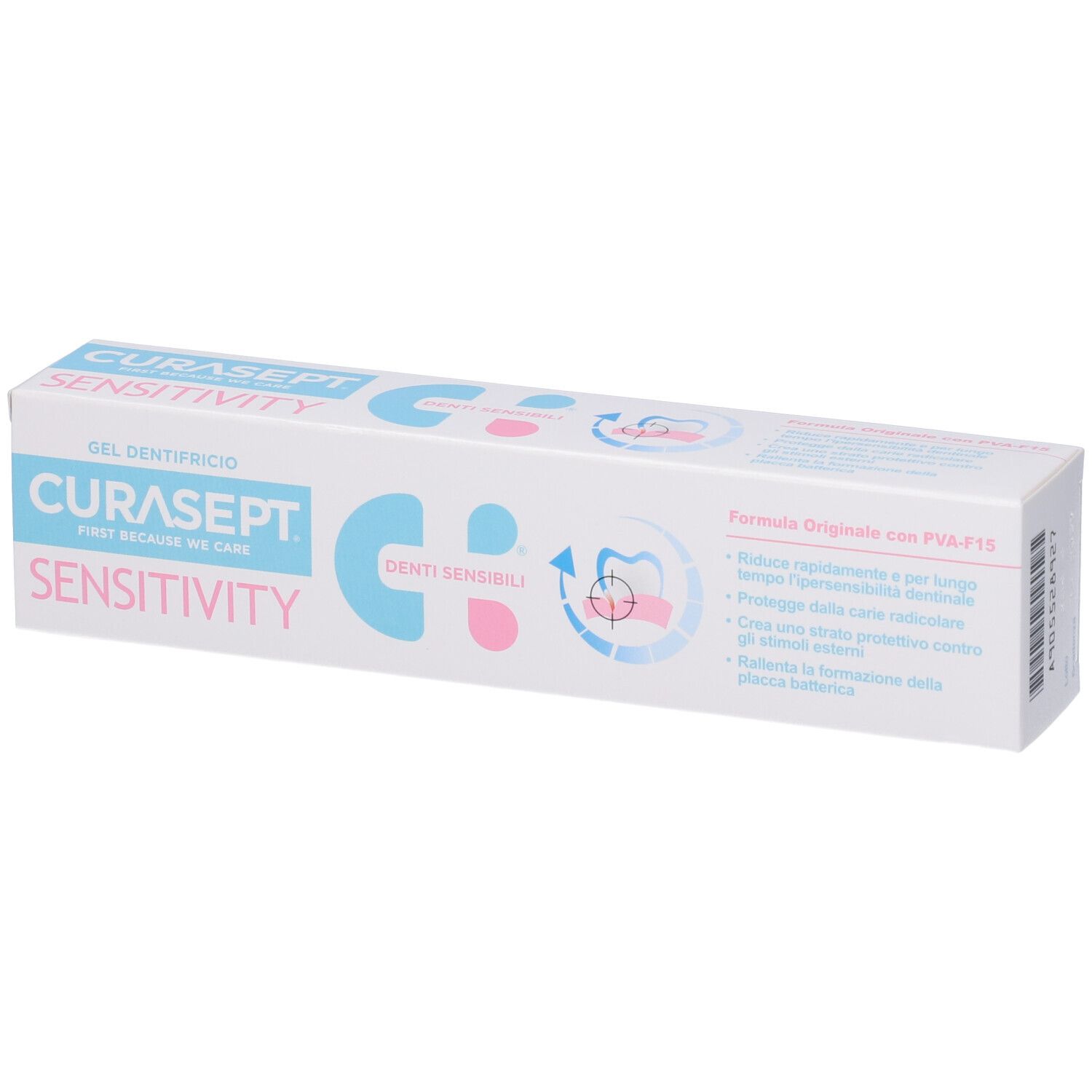 Scatola di dentifricio. Scritta: CURASEPT SENSITIVITY. Gel dentifricio. Denti sensibili. Elementi rosa e blu.