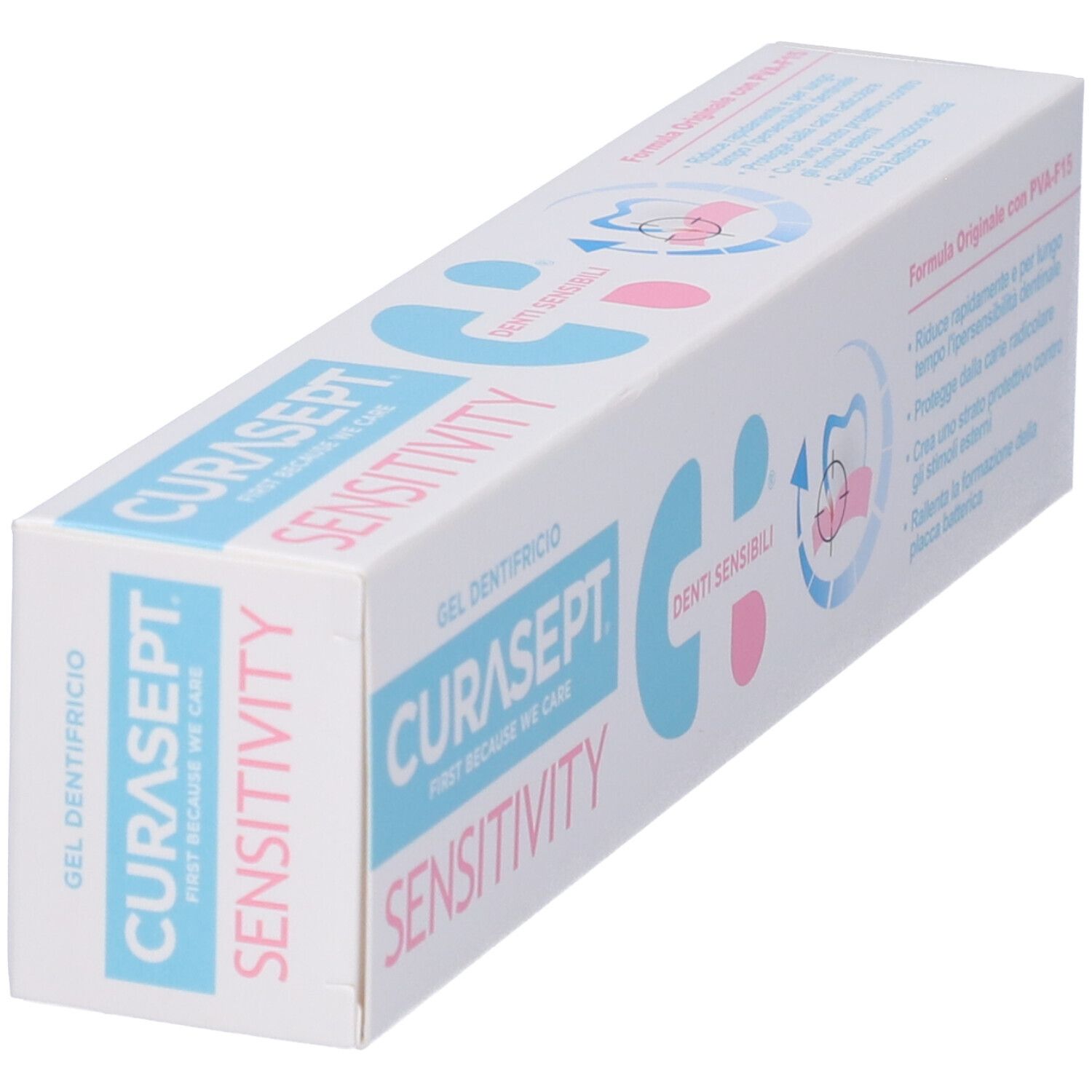 Scatola di dentifricio. Scritta: CURASEPT SENSITIVITY. Gel dentifricio. Denti sensibili. Elementi rosa e blu.
