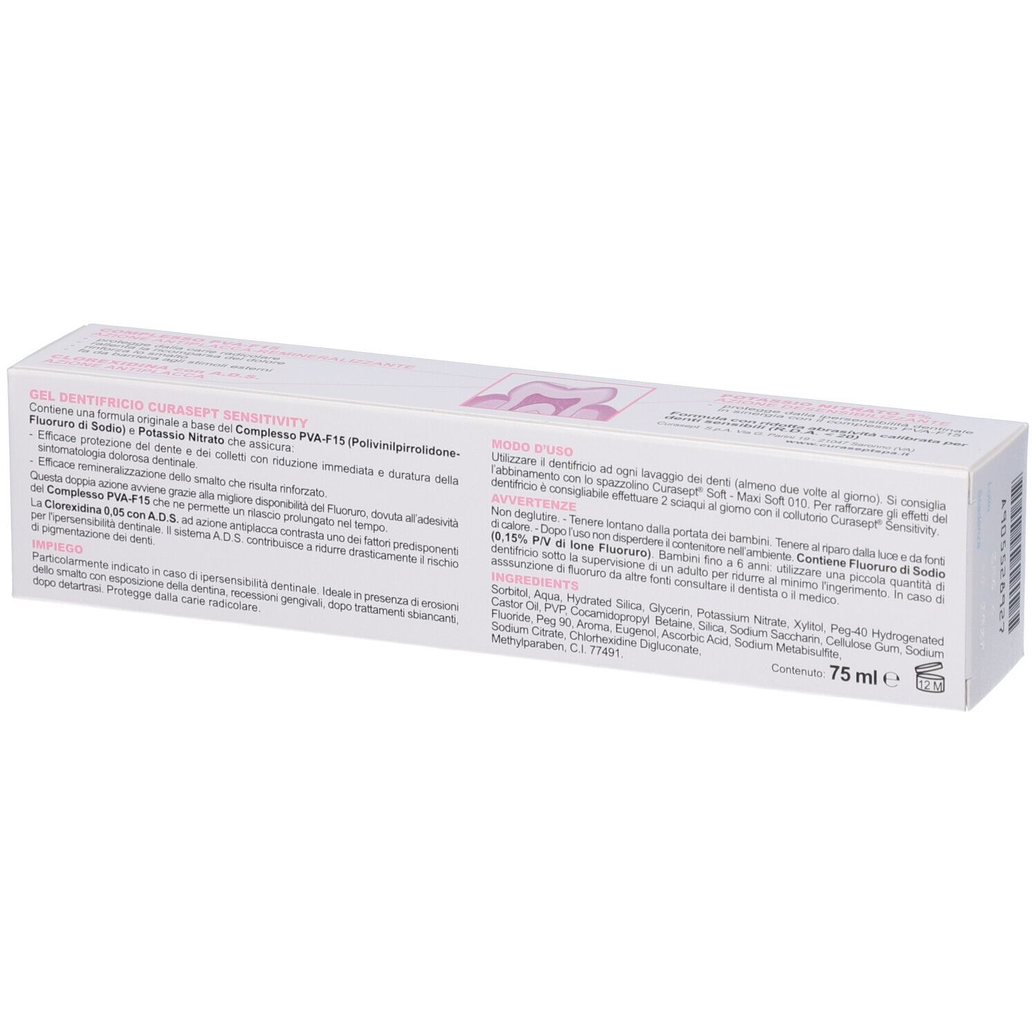 Scatola di dentifricio. Scritta: CURASEPT SENSITIVITY. Gel dentifricio. Denti sensibili. Elementi rosa e blu.