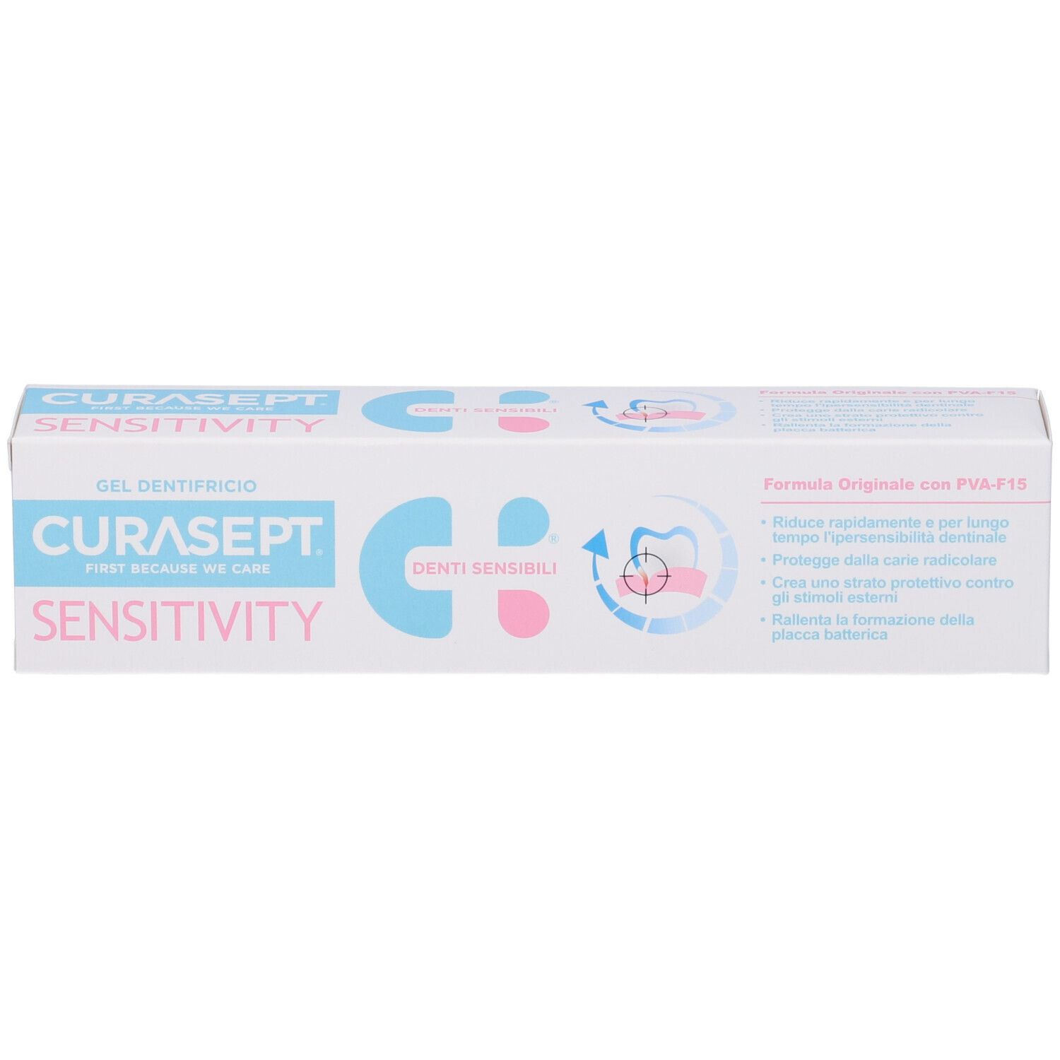 Scatola di dentifricio. Scritta: CURASEPT SENSITIVITY. Gel dentifricio. Denti sensibili. Elementi rosa e blu.