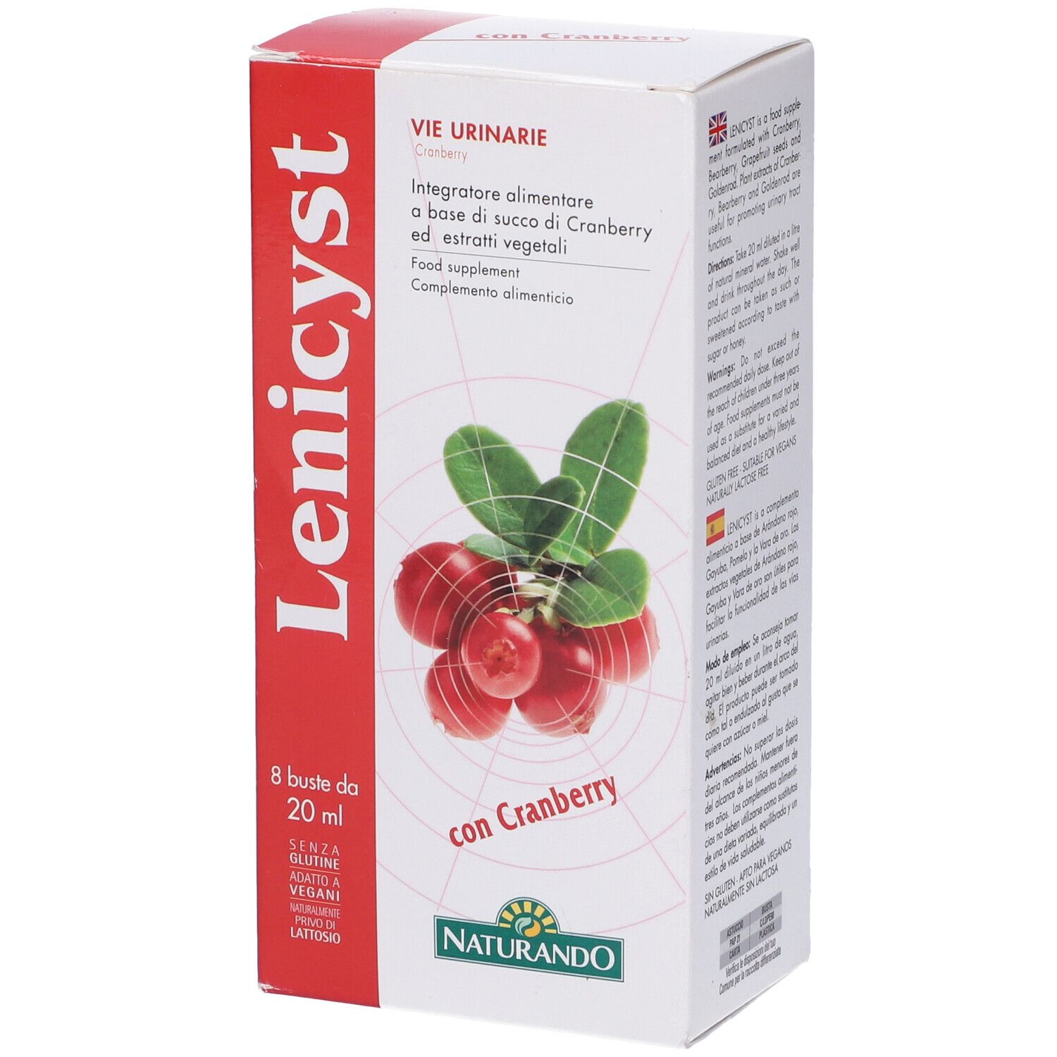 Confezione del prodotto con illustrazione di mirtilli rossi. Scritta: Lenicyst, 8 bustine, 20 ml. Logo Naturando. Per le vie urinarie. Senza glutine, vegano.