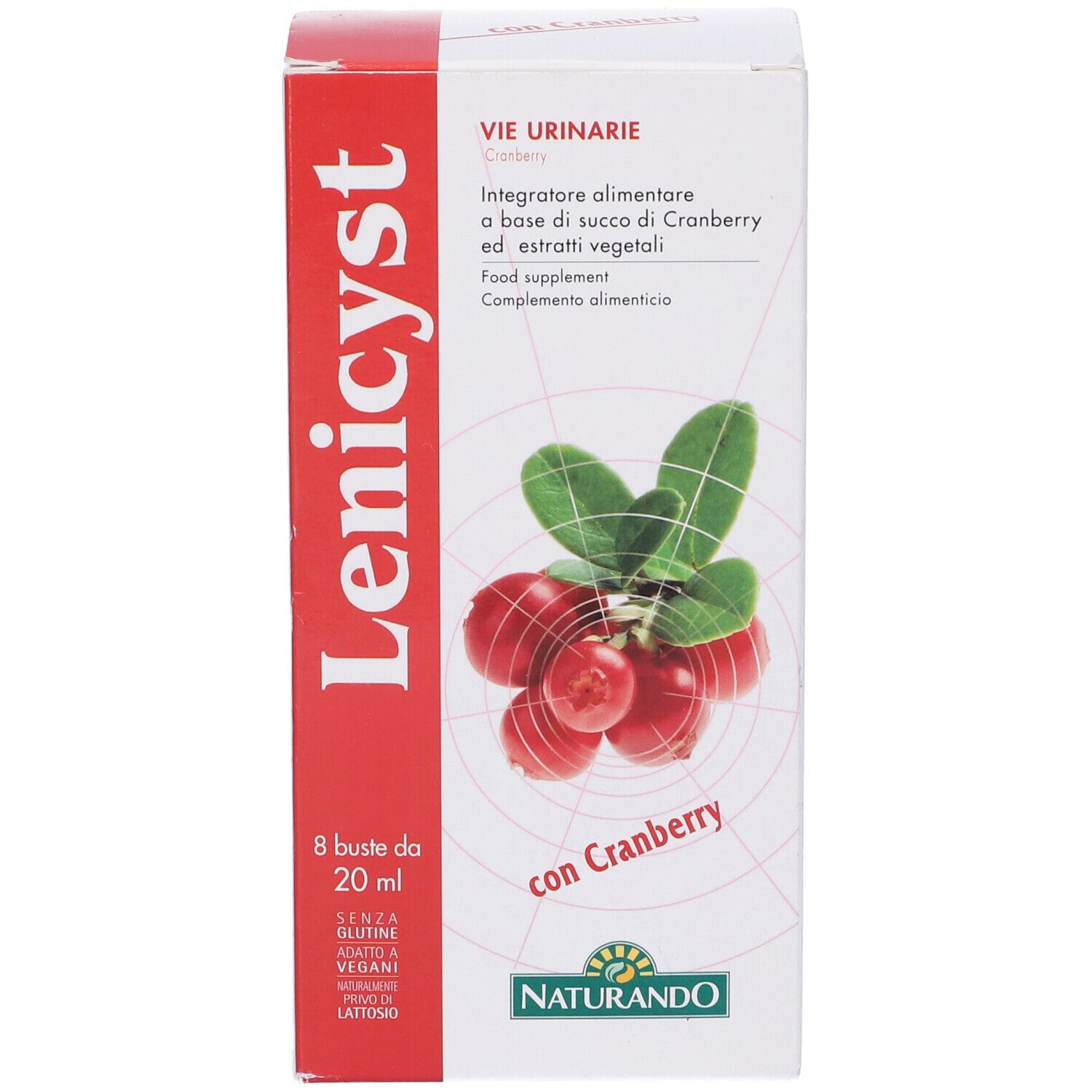Confezione del prodotto con illustrazione di mirtilli rossi. Scritta: Lenicyst, 8 bustine, 20 ml. Logo Naturando. Per le vie urinarie. Senza glutine, vegano.