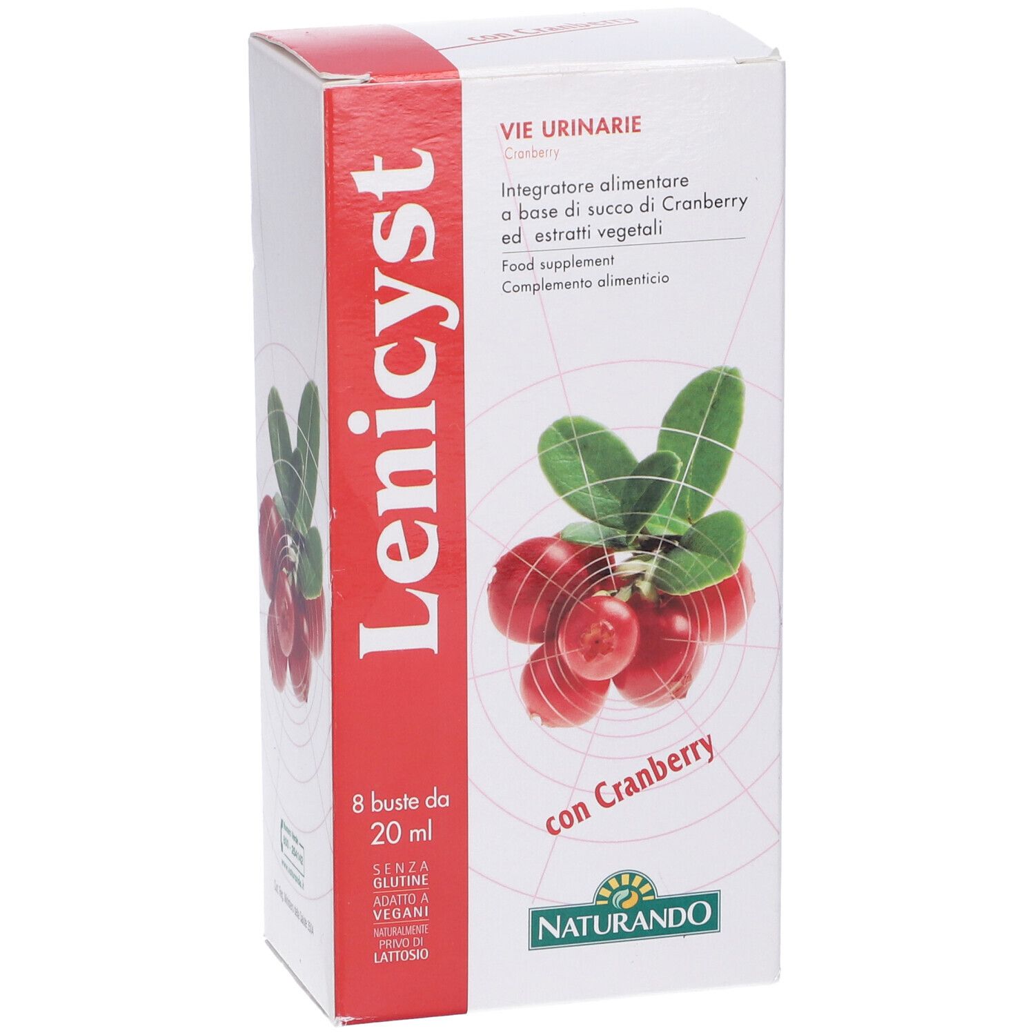 Confezione del prodotto con illustrazione di mirtilli rossi. Scritta: Lenicyst, 8 bustine, 20 ml. Logo Naturando. Per le vie urinarie. Senza glutine, vegano.