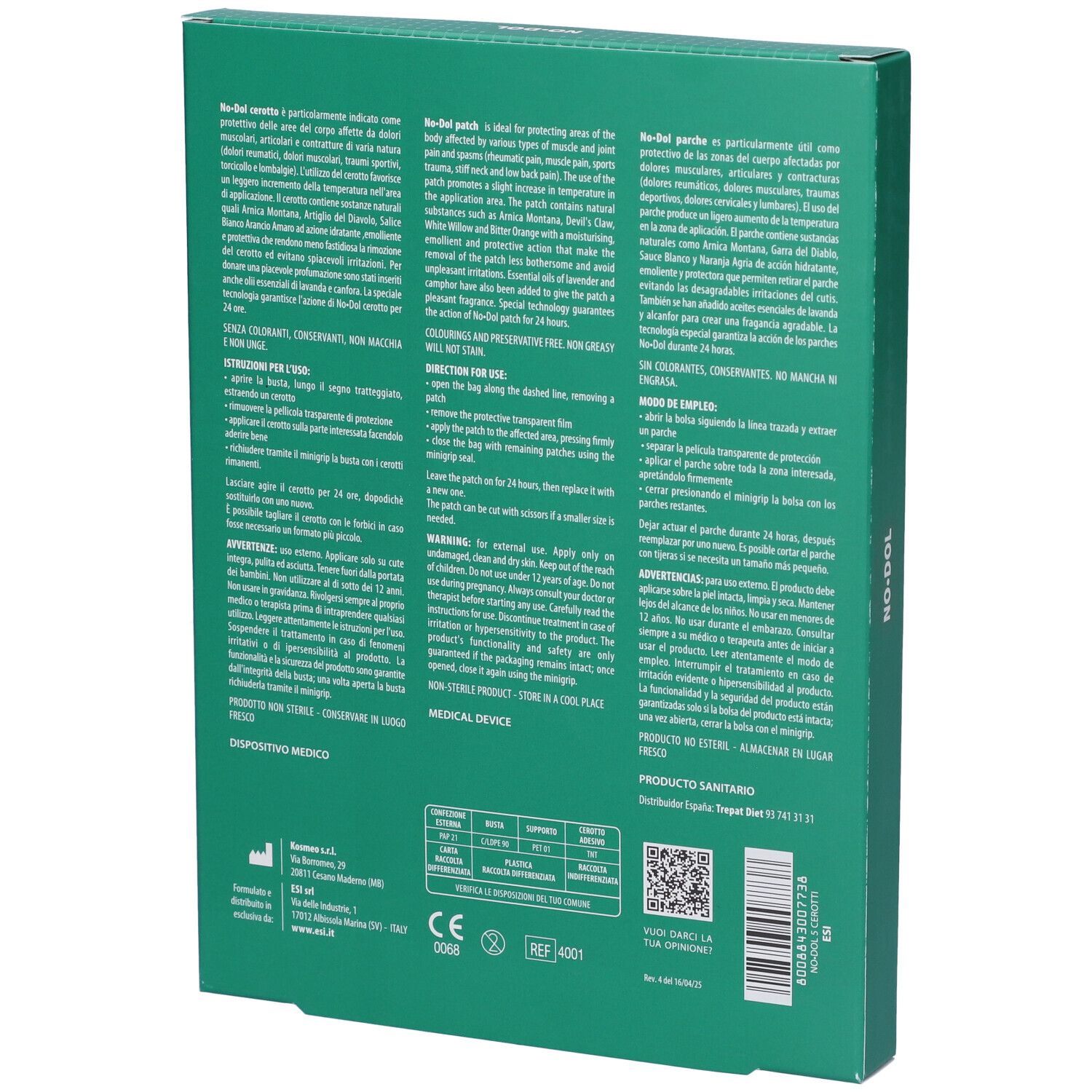 Rückseite einer NO-DOL Pflaster-Packung mit Anwendungshinweisen und Produktinformationen.