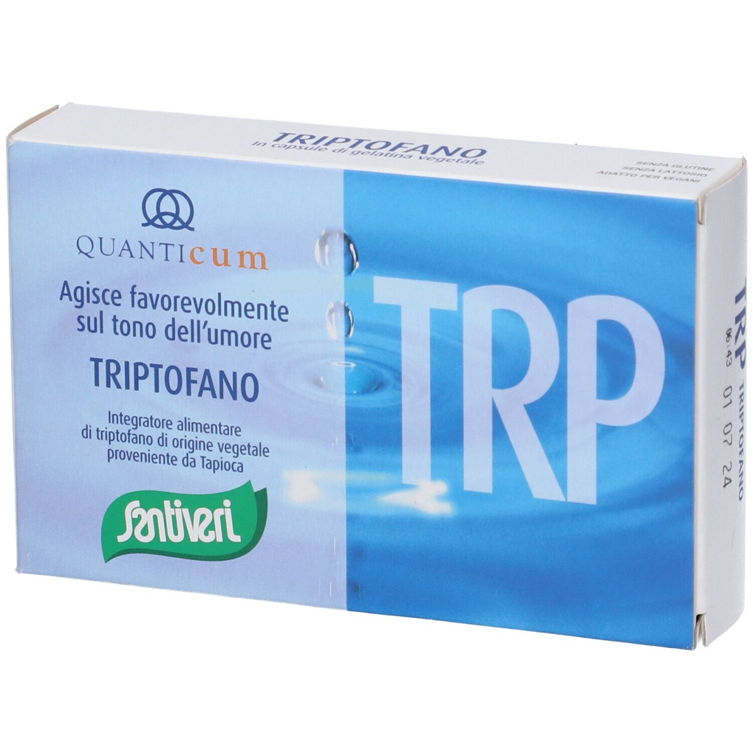 Scatola con nome prodotto Triptofano. Colori blu e bianco. Loghi Quanticum e Santiveri.