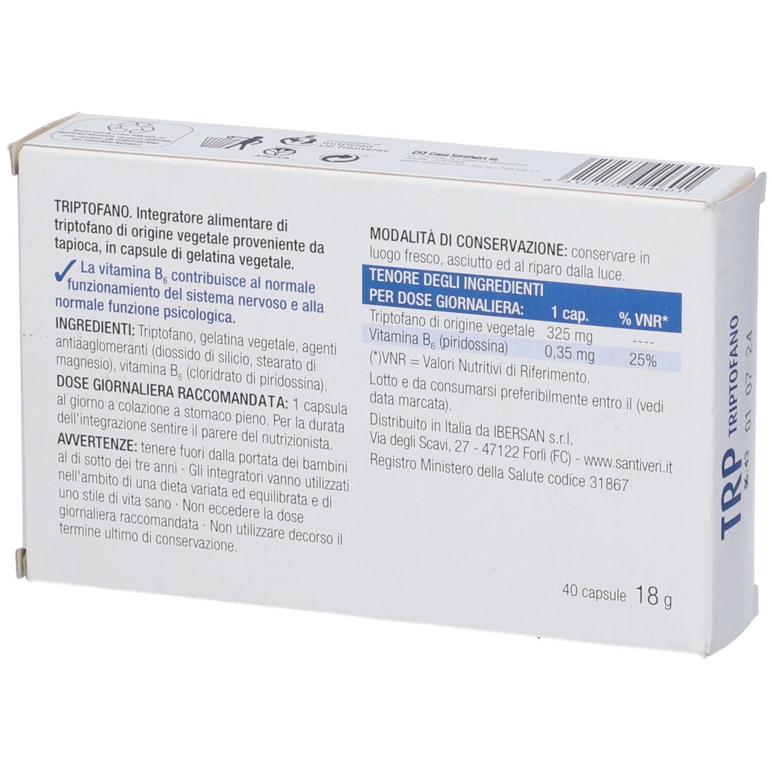 Retro della confezione Triptofano. Testo con ingredienti e dosaggio. 40 capsule, 18 g.