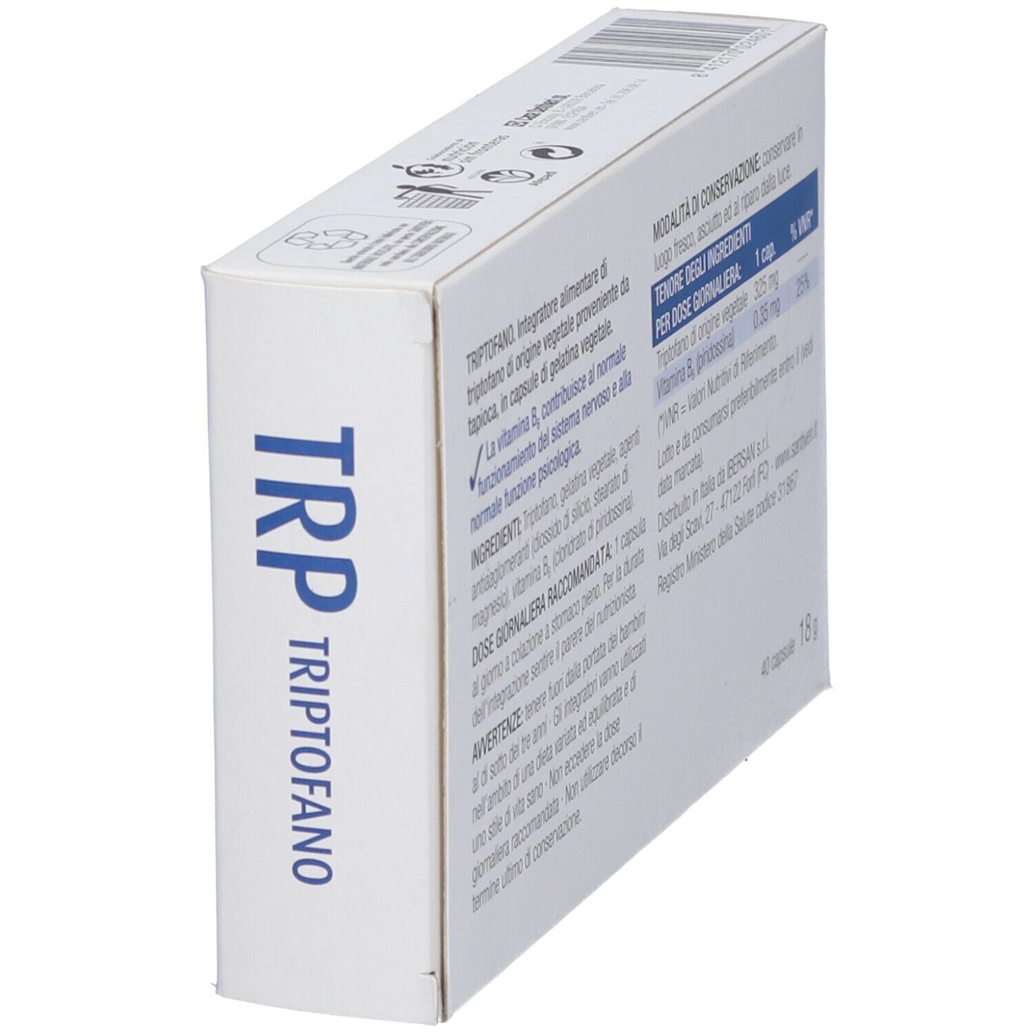Confezione Triptofano, vista laterale. Testo con informazioni sul prodotto. 40 capsule, 18 g.