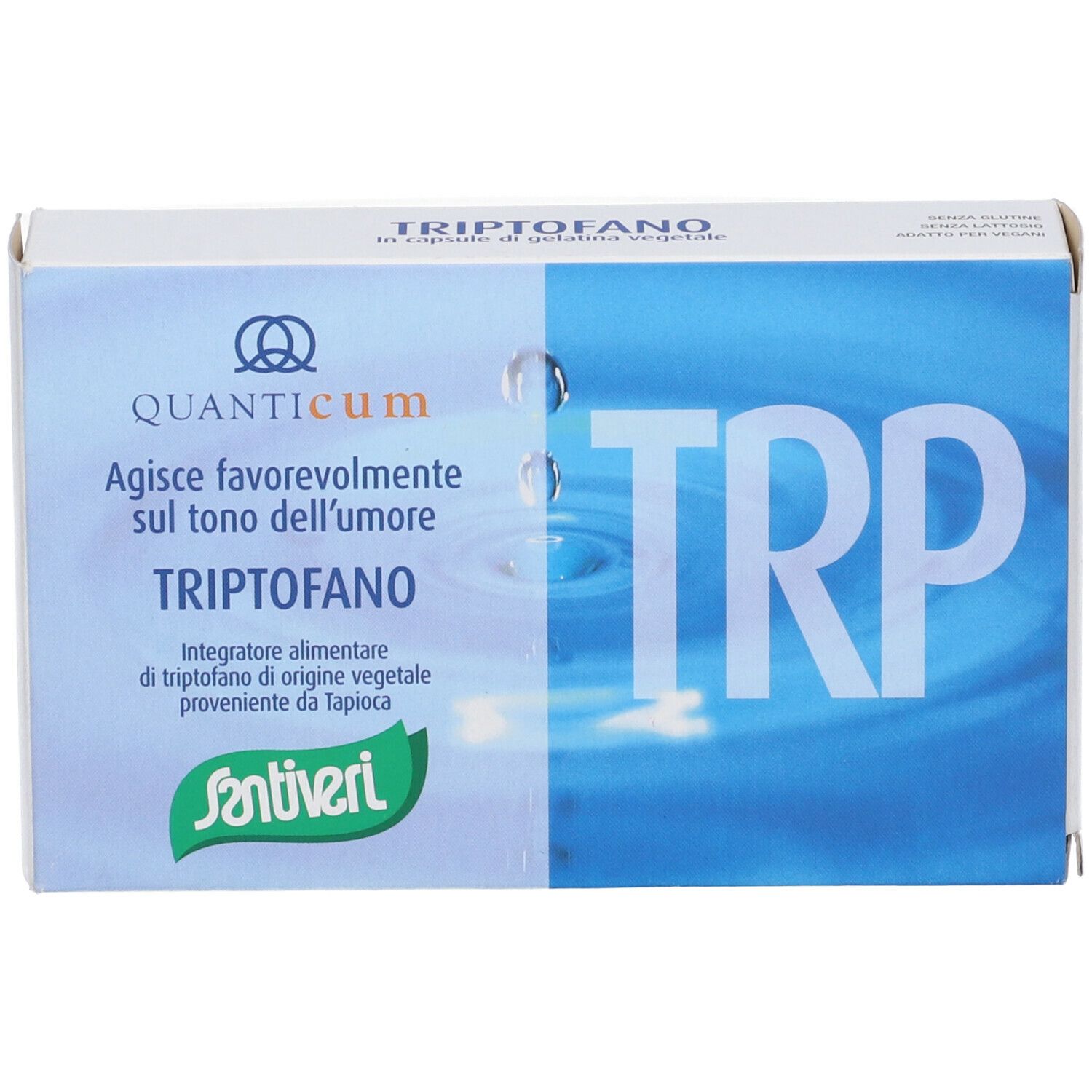 Scatola con nome prodotto Triptofano. Colori blu e bianco. Loghi Quanticum e Santiveri.