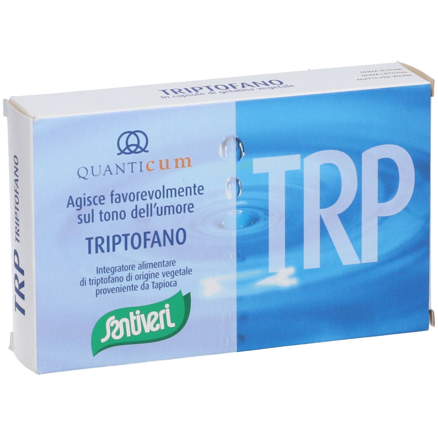 Scatola con nome prodotto Triptofano. Colori blu e bianco. Loghi Quanticum e Santiveri.