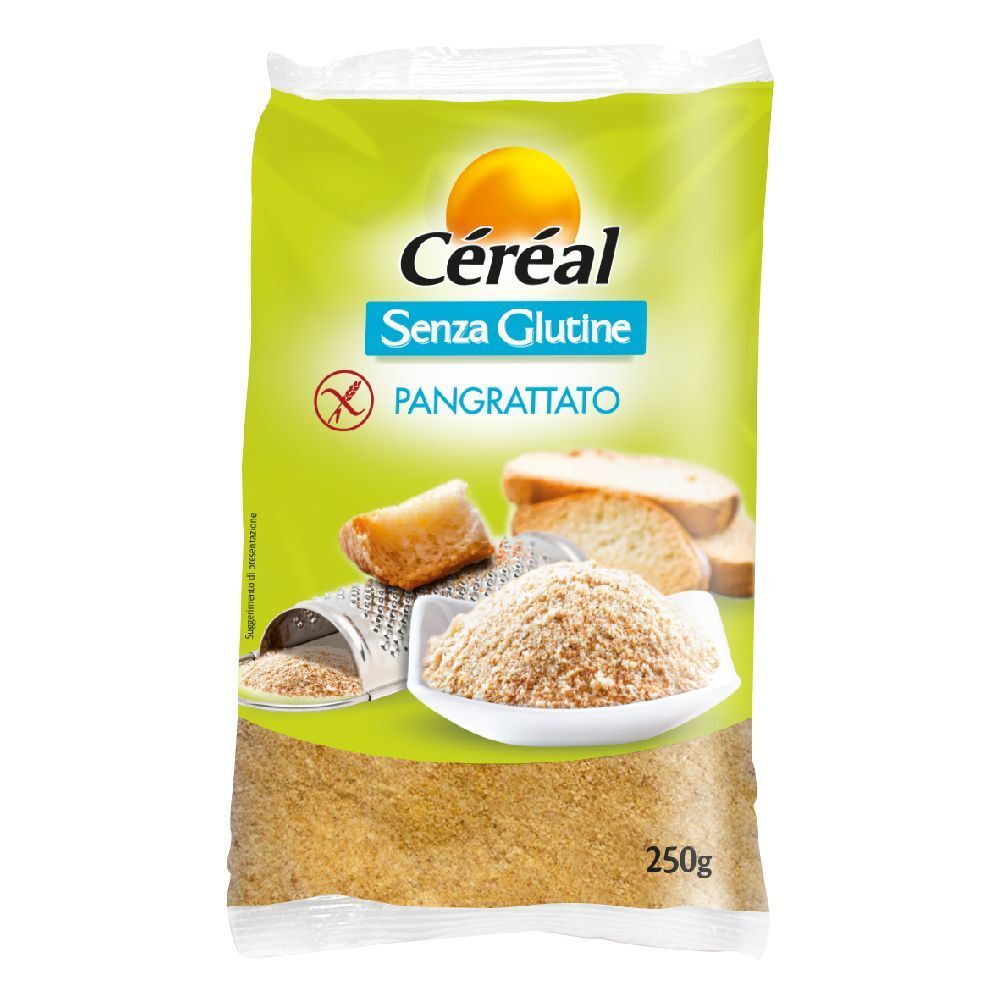 Confezione Céréal Pangrattato. Sacchetto verde e bianco con immagine del prodotto e scritta 'Senza Glutine'. 250g.