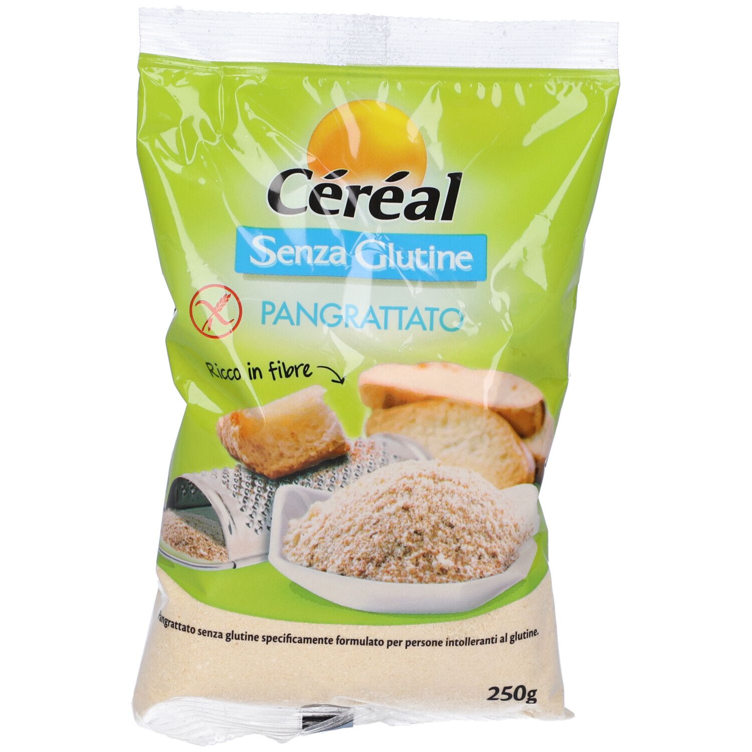 Confezione Céréal Pangrattato. Sacchetto verde e bianco con immagine e 'Senza Glutine'. Contiene 'Ricco in fibre'. 250g.