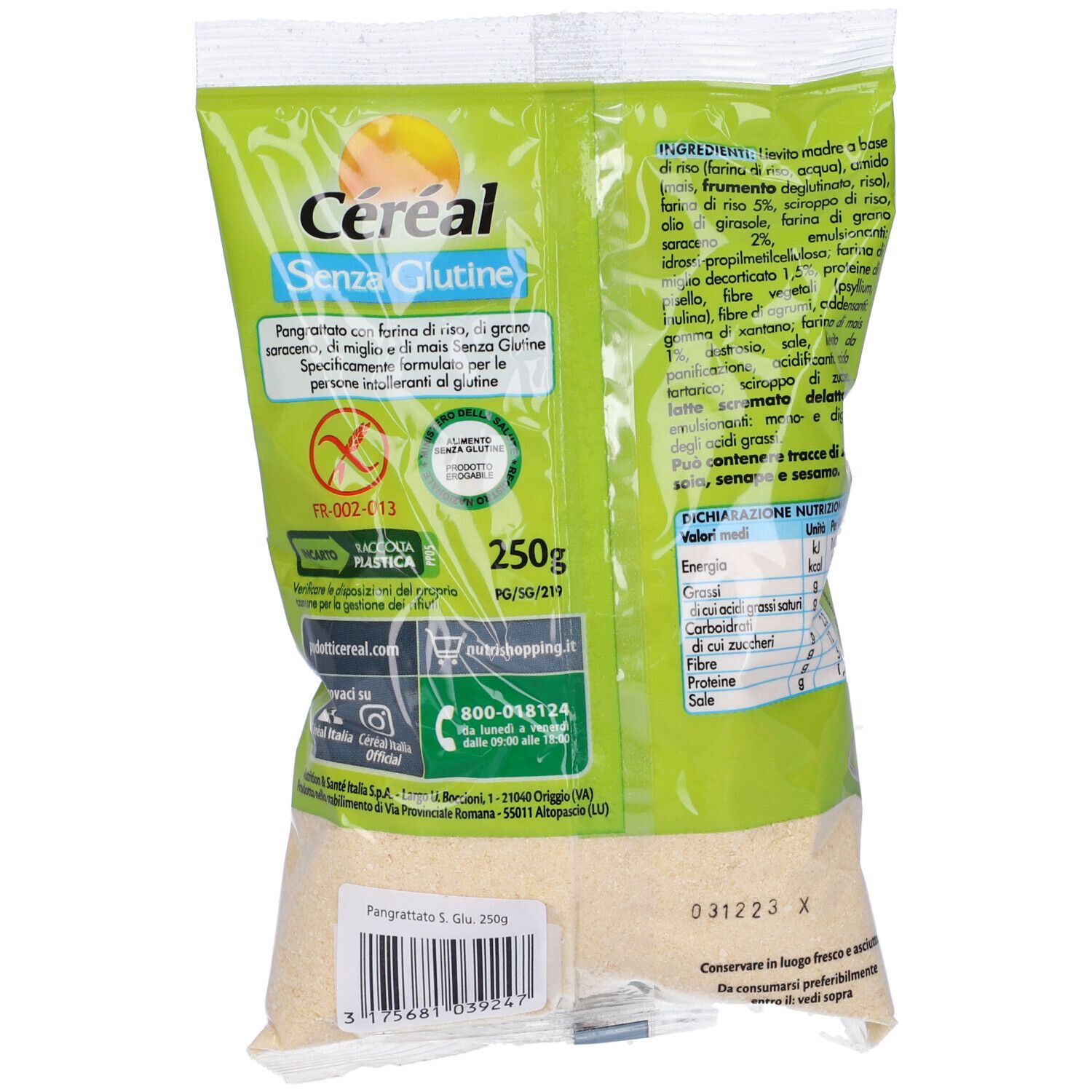 Retro della confezione Céréal Pangrattato. Sacchetto verde e bianco con testo e informazioni nutrizionali. 250g.