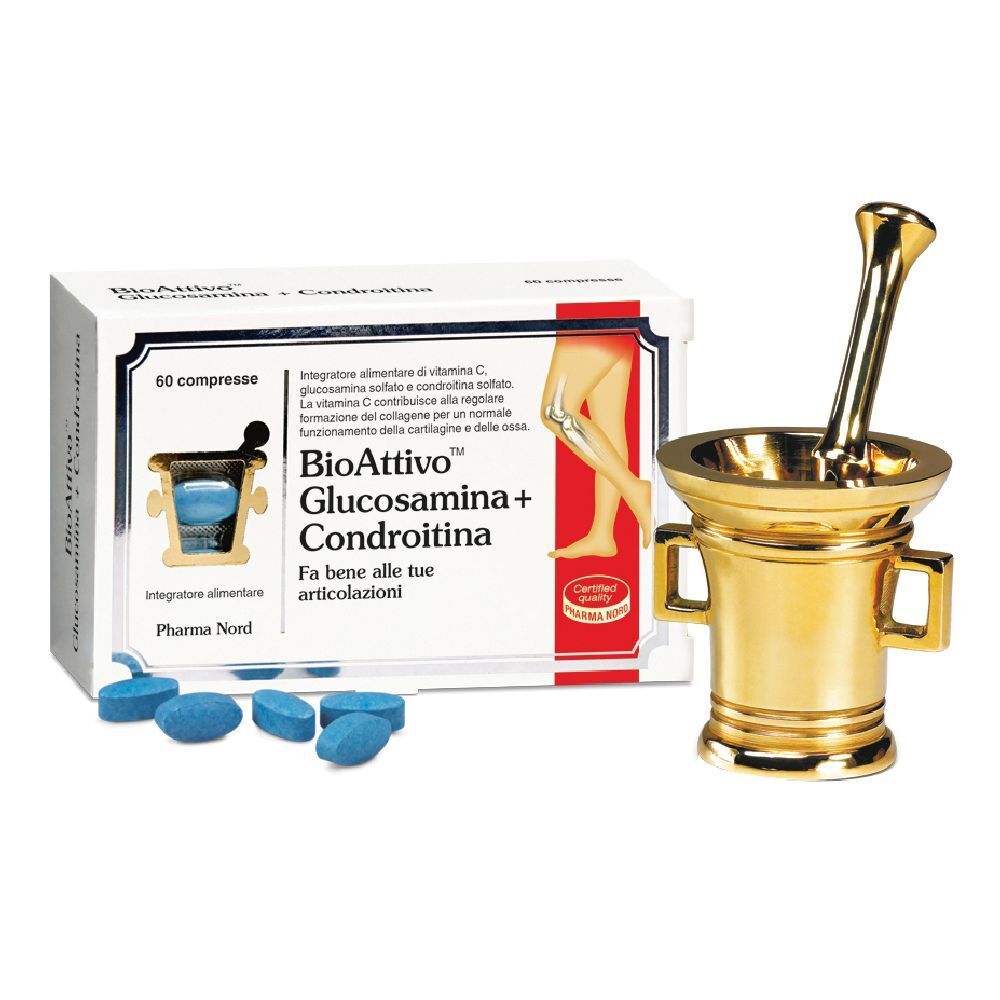 Scatola di compresse e mortaio dorato. Scritta: BioAttivo Glucosamina+Condroitina. 60 compresse. Pharma Nord.