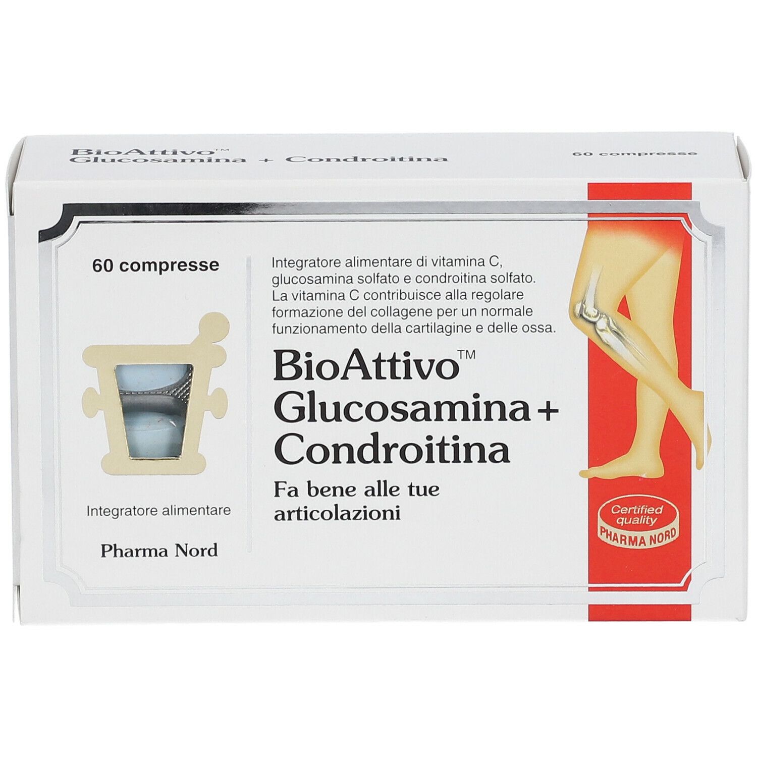 Scatola bianca con scritta: BioAttivo Glucosamina+Condroitina. 60 compresse. Pharma Nord. Illustrazione di una gamba.