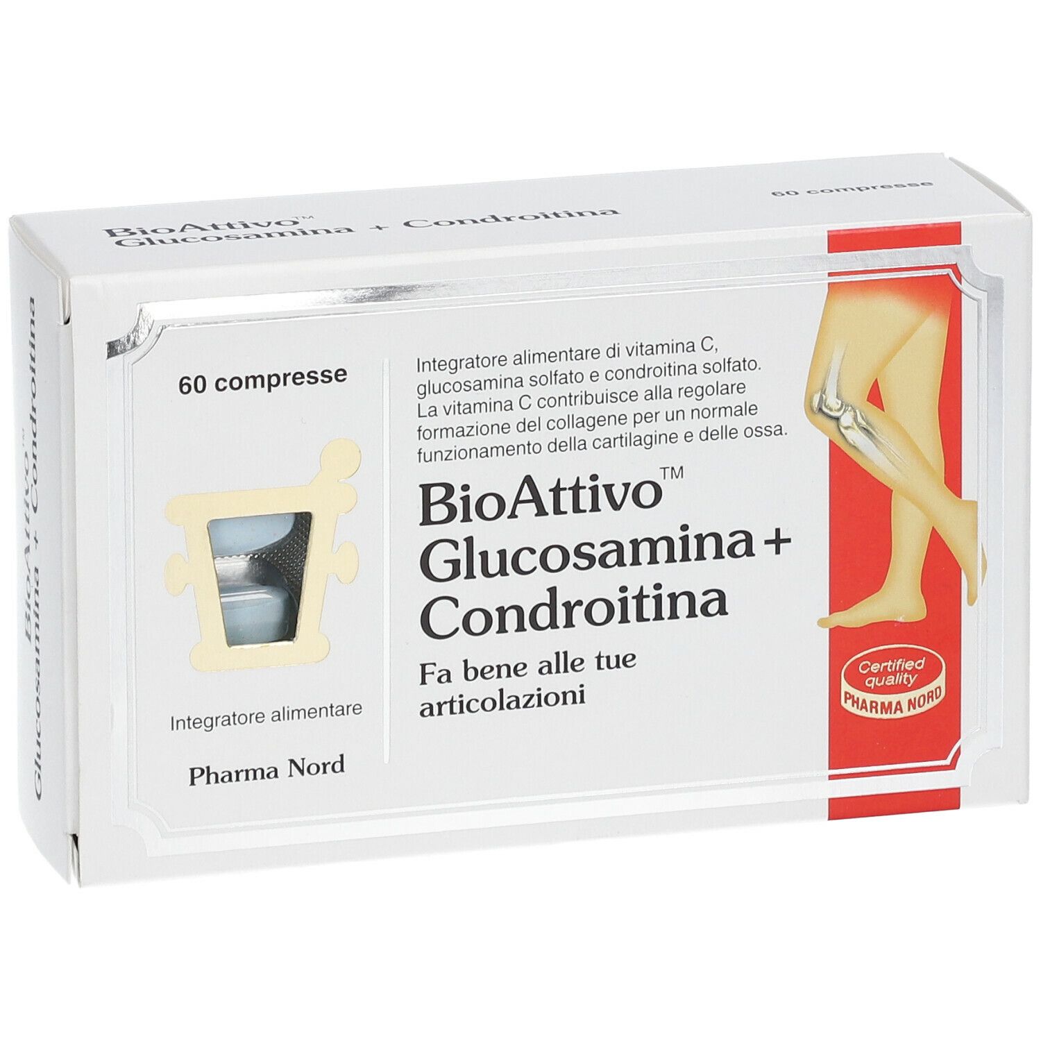 Scatola bianca con scritta: BioAttivo Glucosamina+Condroitina. 60 compresse. Pharma Nord. Illustrazione di una gamba.