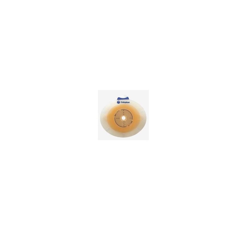 Placca base rotonda beige con foro centrale. Linguetta blu con logo. Dispositivo medico.