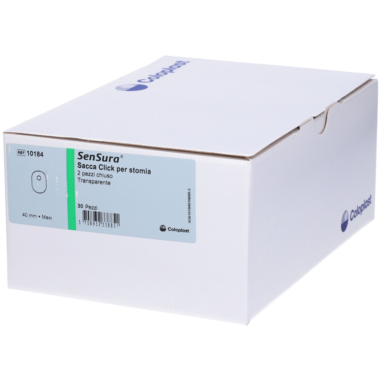 Scatola bianca con nome prodotto Sensura Sacca Click per stomia. 30 pezzi. Logo Coloplast.