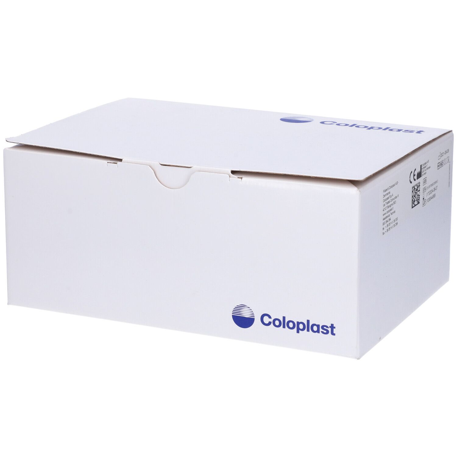 Scatola bianca con logo Coloplast. Scatola rettangolare chiusa.