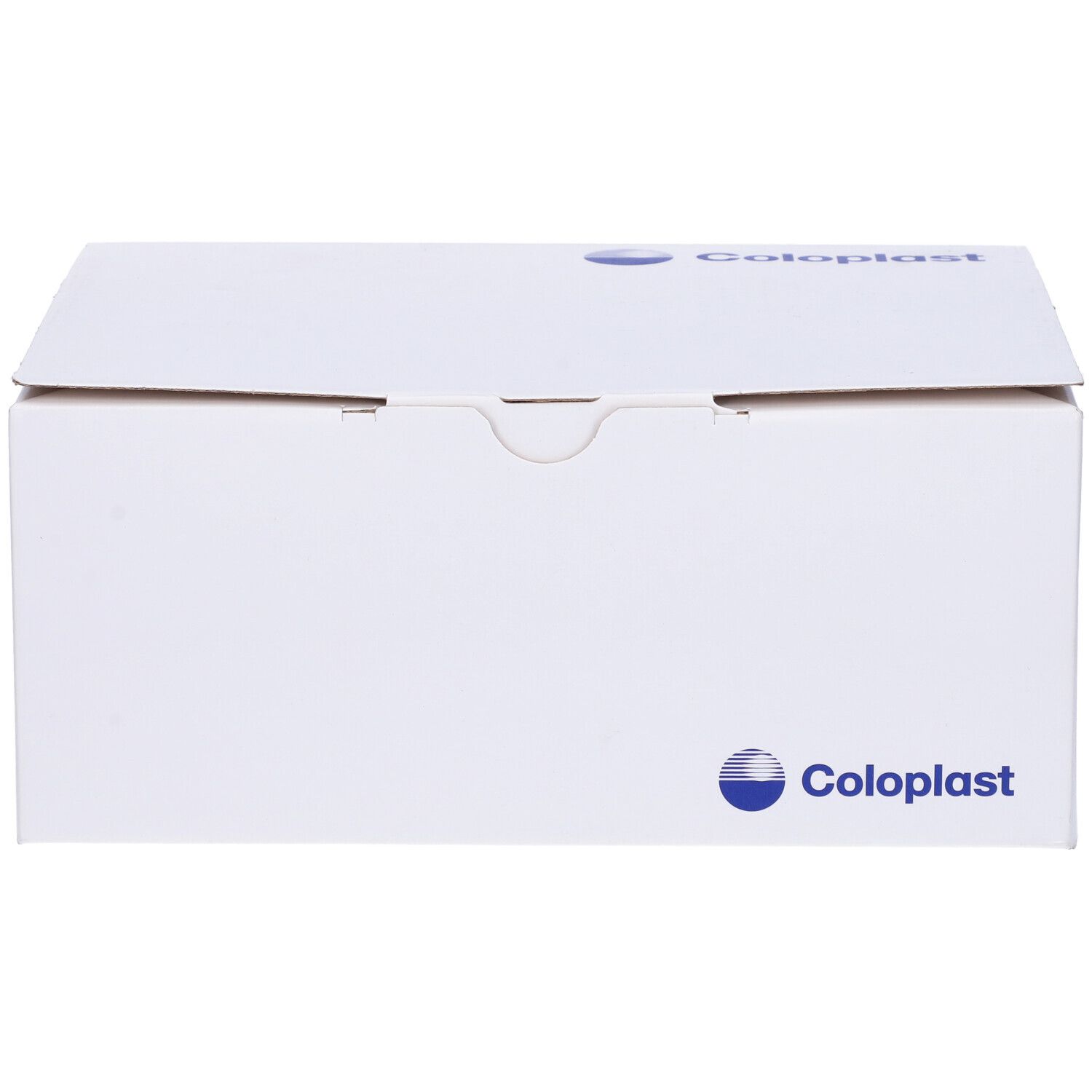 Scatola bianca con logo Coloplast. Scatola chiusa con informazioni prodotto.