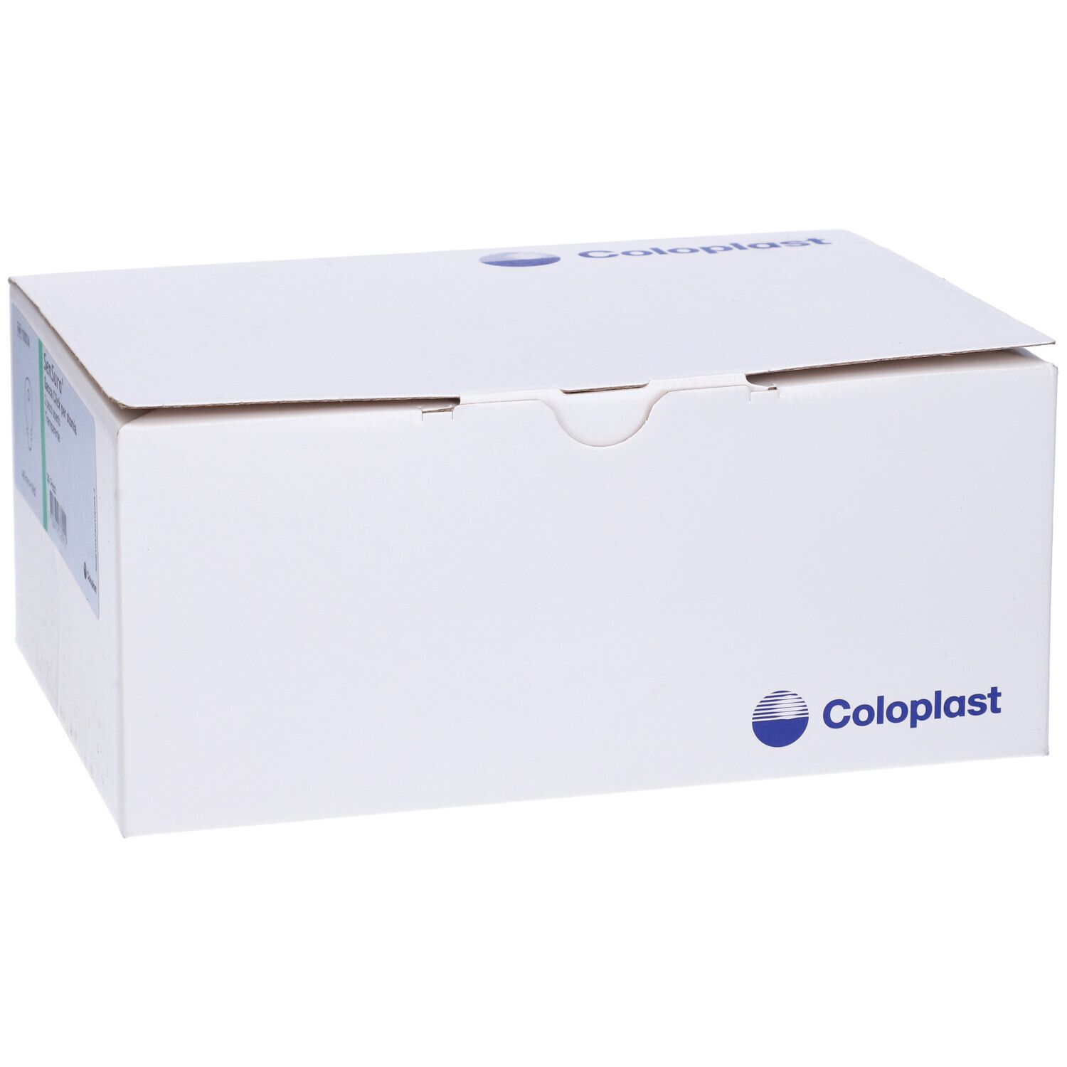Scatola bianca con logo Coloplast. Scatola chiusa con informazioni prodotto.